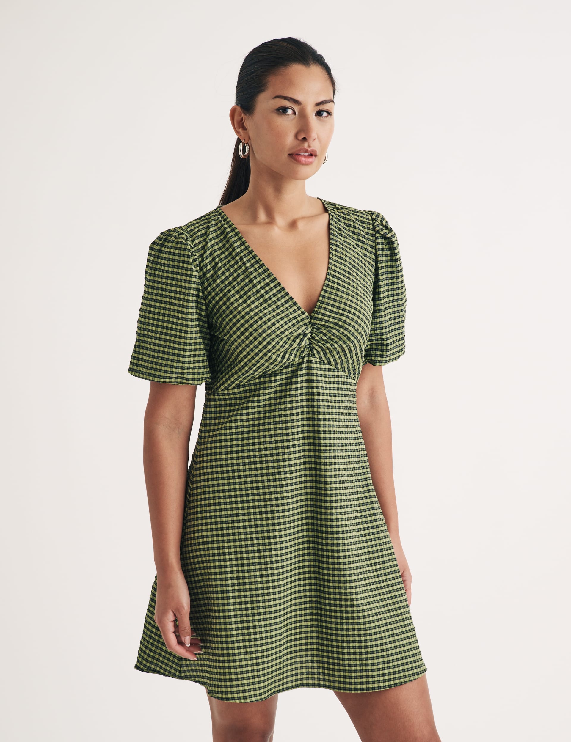 Nobody'S Child Women's Cotton Rich Checked Mini Skater Dress - 22 - Green Mix, Green Mix