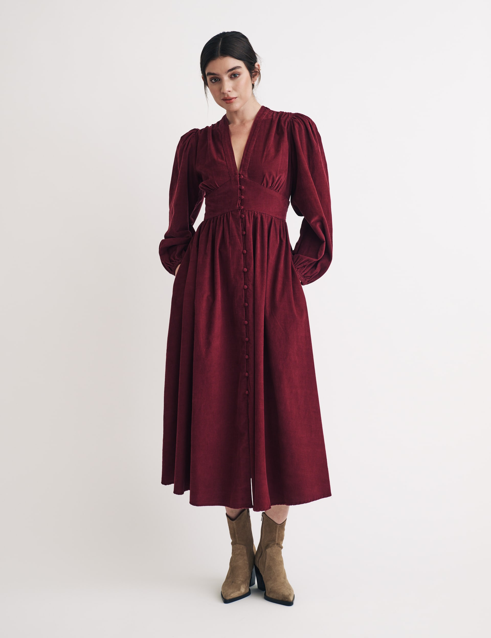 Nobody'S Child Women's Cord Midaxi Waisted Dress - 14 - Burgundy, Burgundy