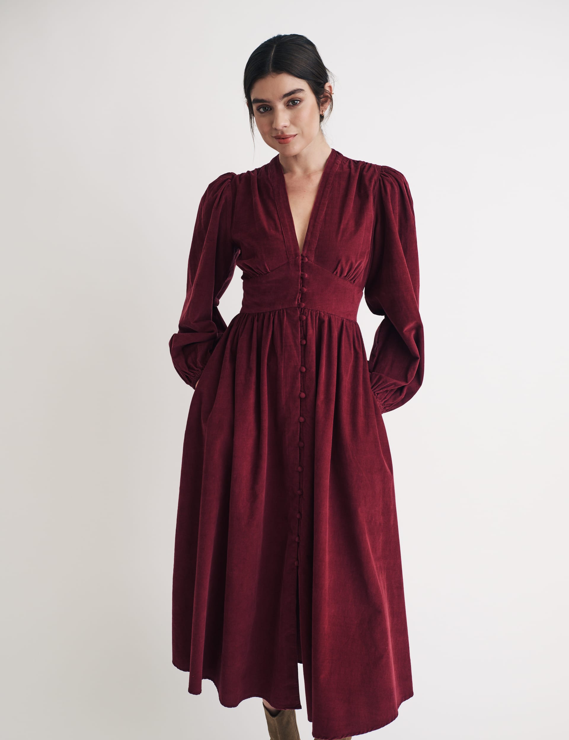 Nobody'S Child Women's Cord Midaxi Waisted Dress - 10 - Burgundy, Burgundy