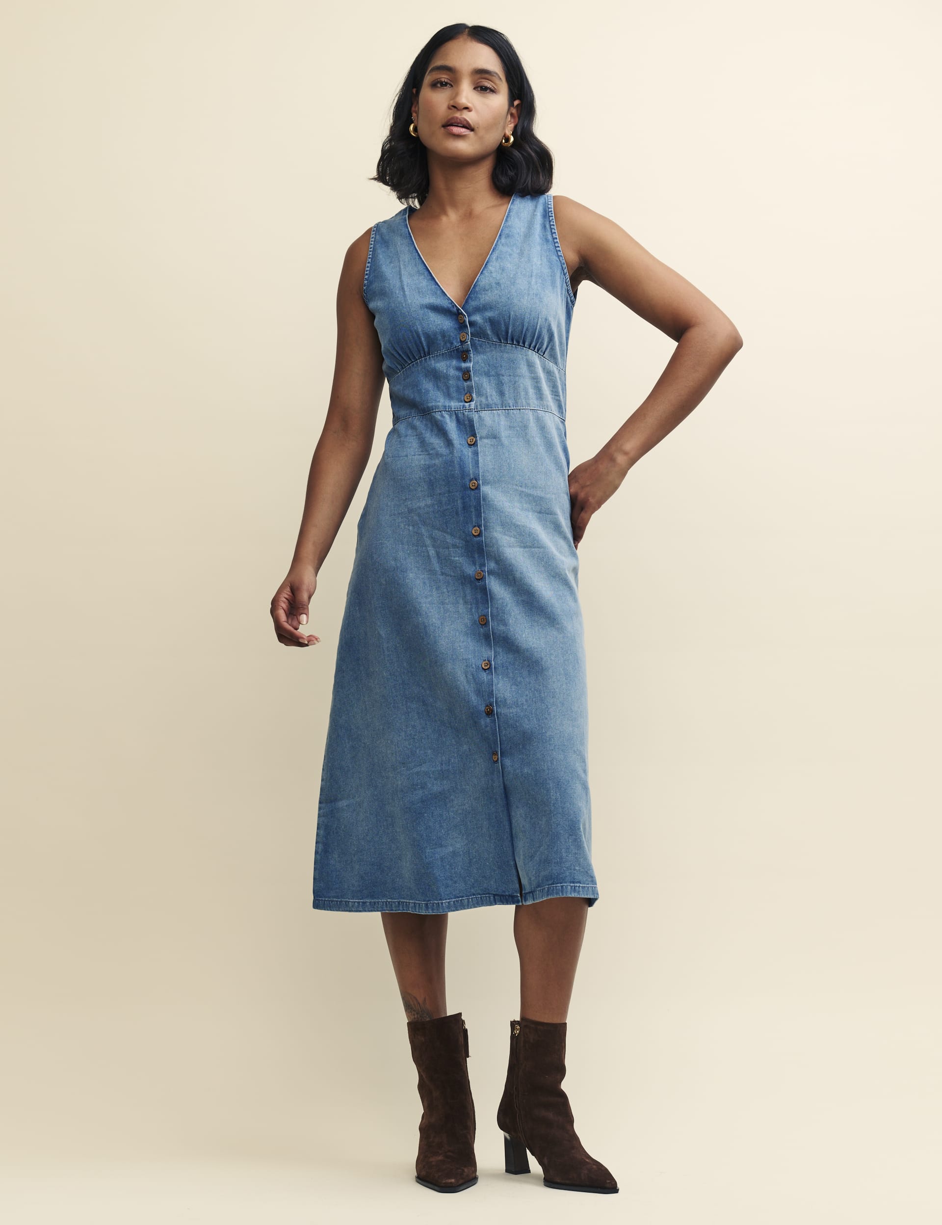 Nobody'S Child Women's Denim V-Neck Midi Waisted Dress - 10, Denim