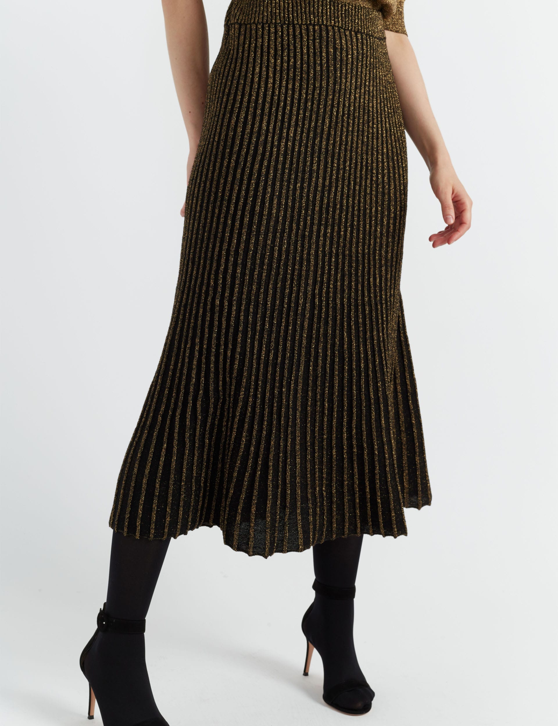 Chinti & Parker Women's Merino Wool Rich Sparkly Pleated Midi Skirt - XS - Black/Gold, Black/Gold