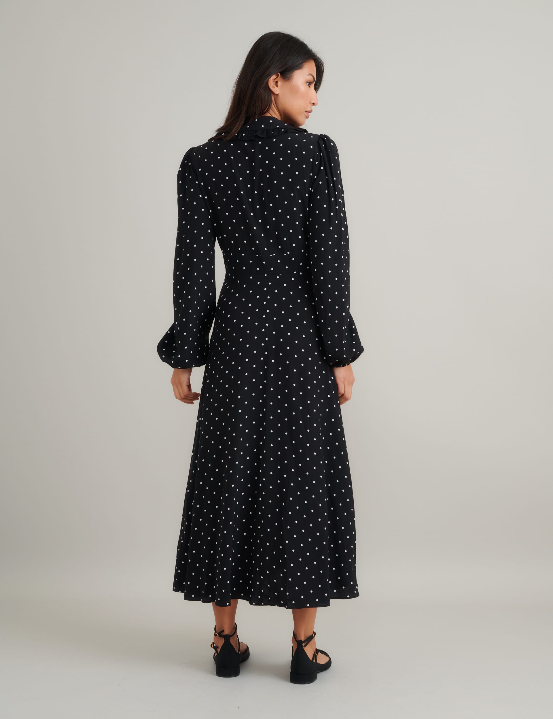 Nobody'S Child Women's Polka Dot Blouson Sleeve Midi Tea Dress - 12 - Black Mix, Black Mix