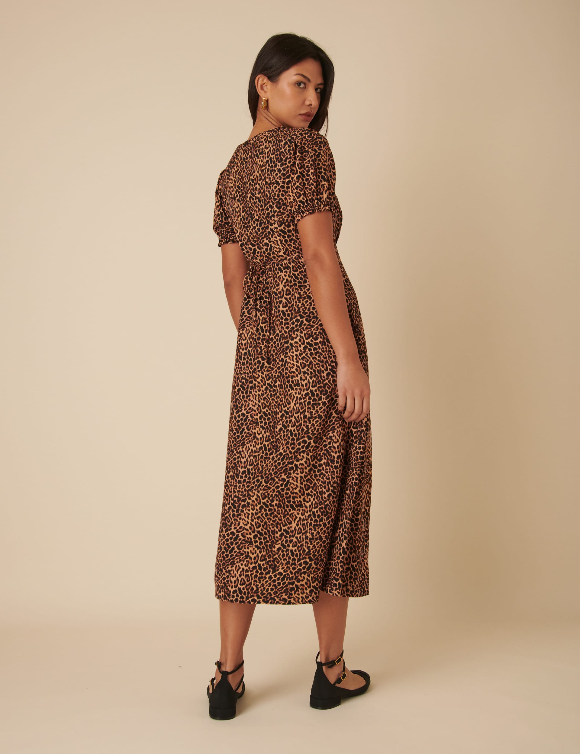 Nobody'S Child Women's Leopard Print Square Neck Midi Tea Dress - 12REG - Brown Mix, Brown Mix