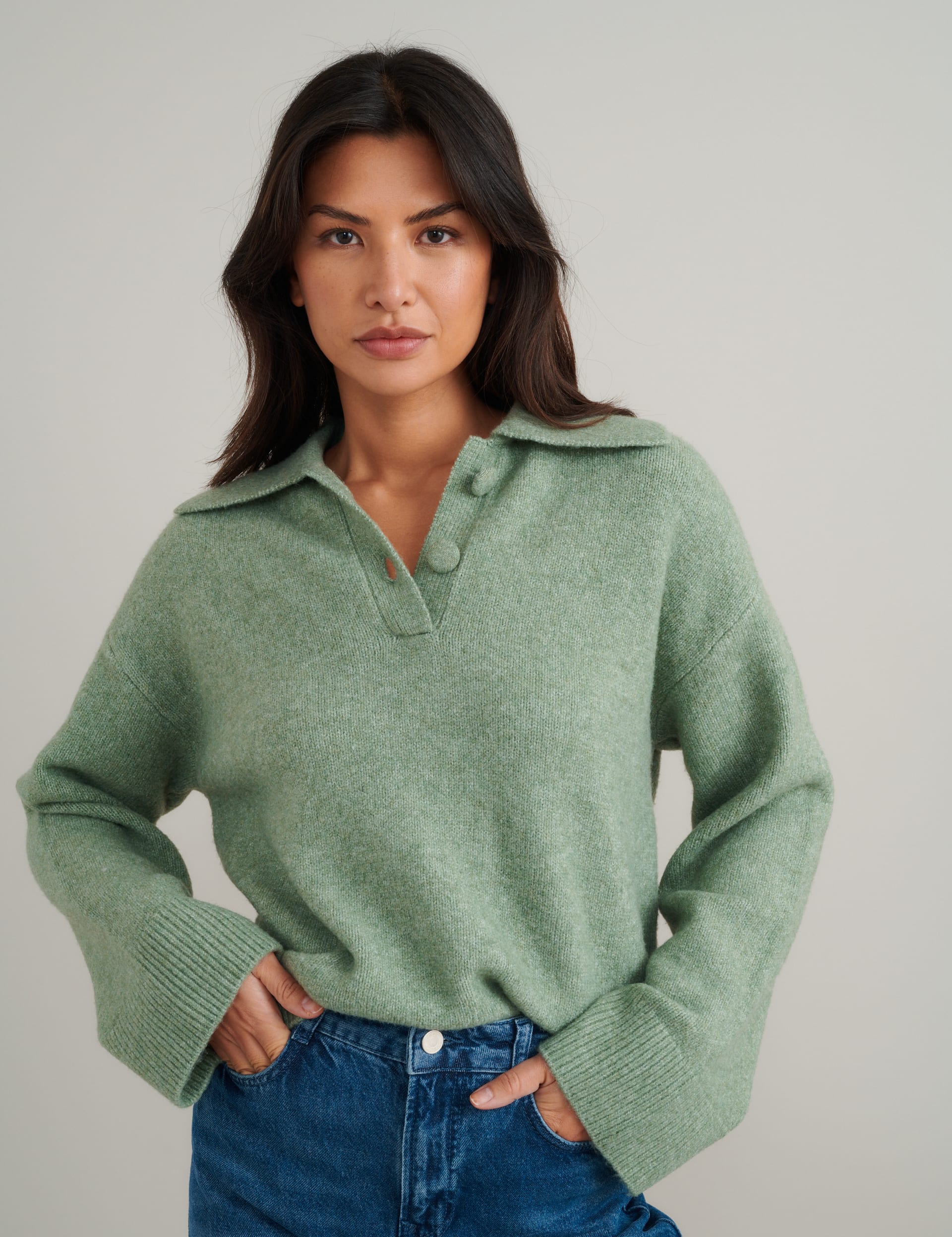 Nobody'S Child Women's Wool Rich Polo Neck Relaxed Jumper - Green, Green