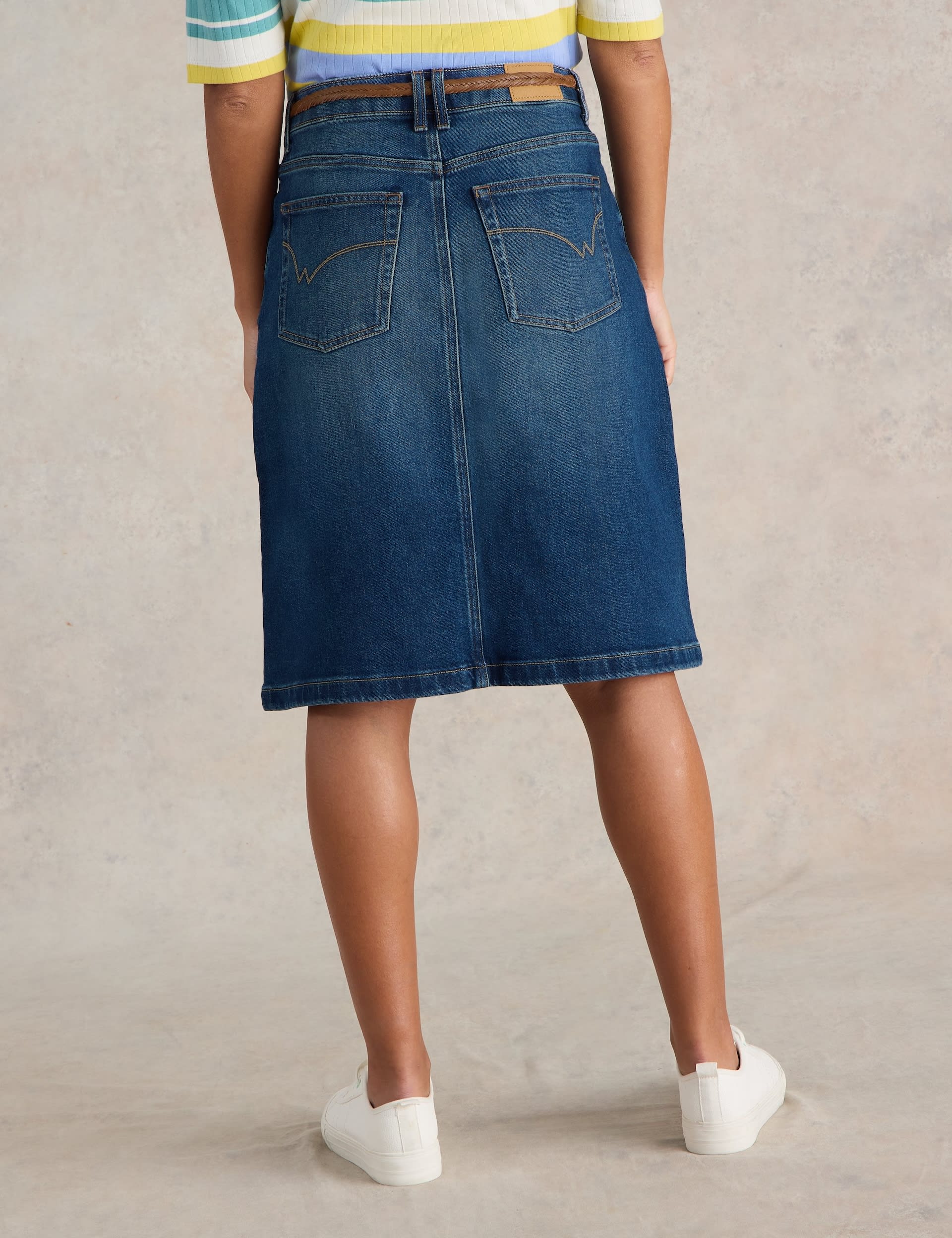 White Stuff Women's Cotton Rich Denim Knee Length Skirt - 8 - Med Blue Denim, Med Blue Denim