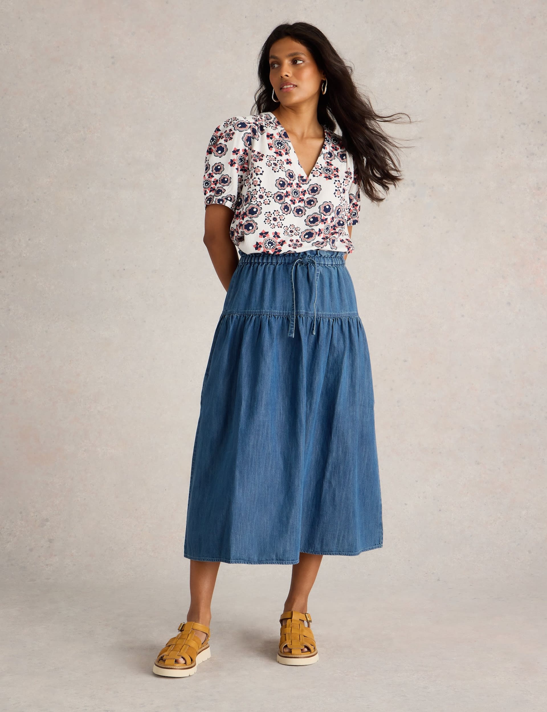 White Stuff Women's Pure Cotton Denim Midi Skirt - 8REG - Med Blue Denim, Med Blue Denim