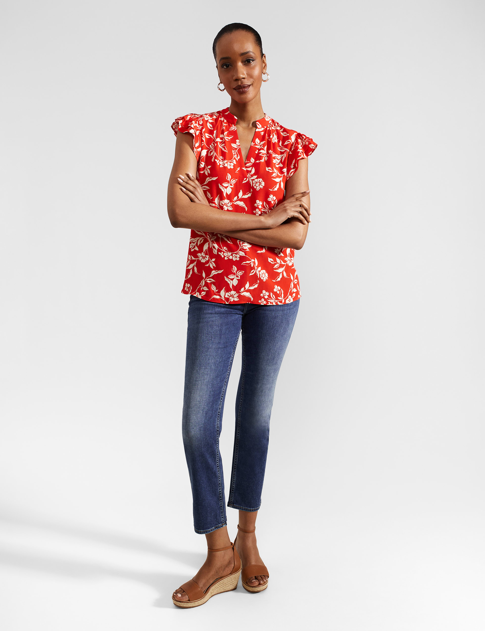 Hobbs Women's Floral Notch Neck Top - 6 - Red, Red