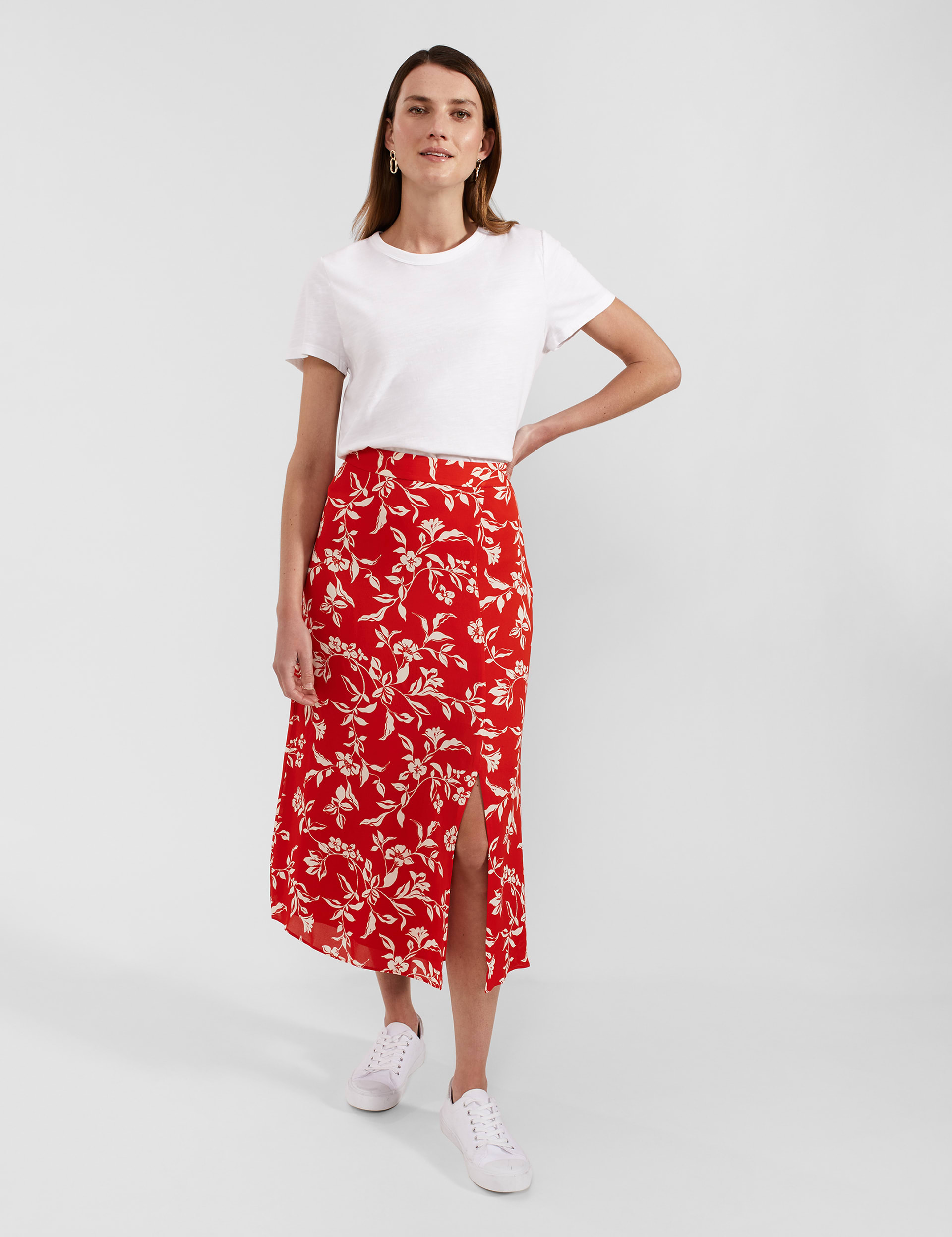 Hobbs Women's Floral Side Split A-Line Midi Skirt - 14 - Red, Red