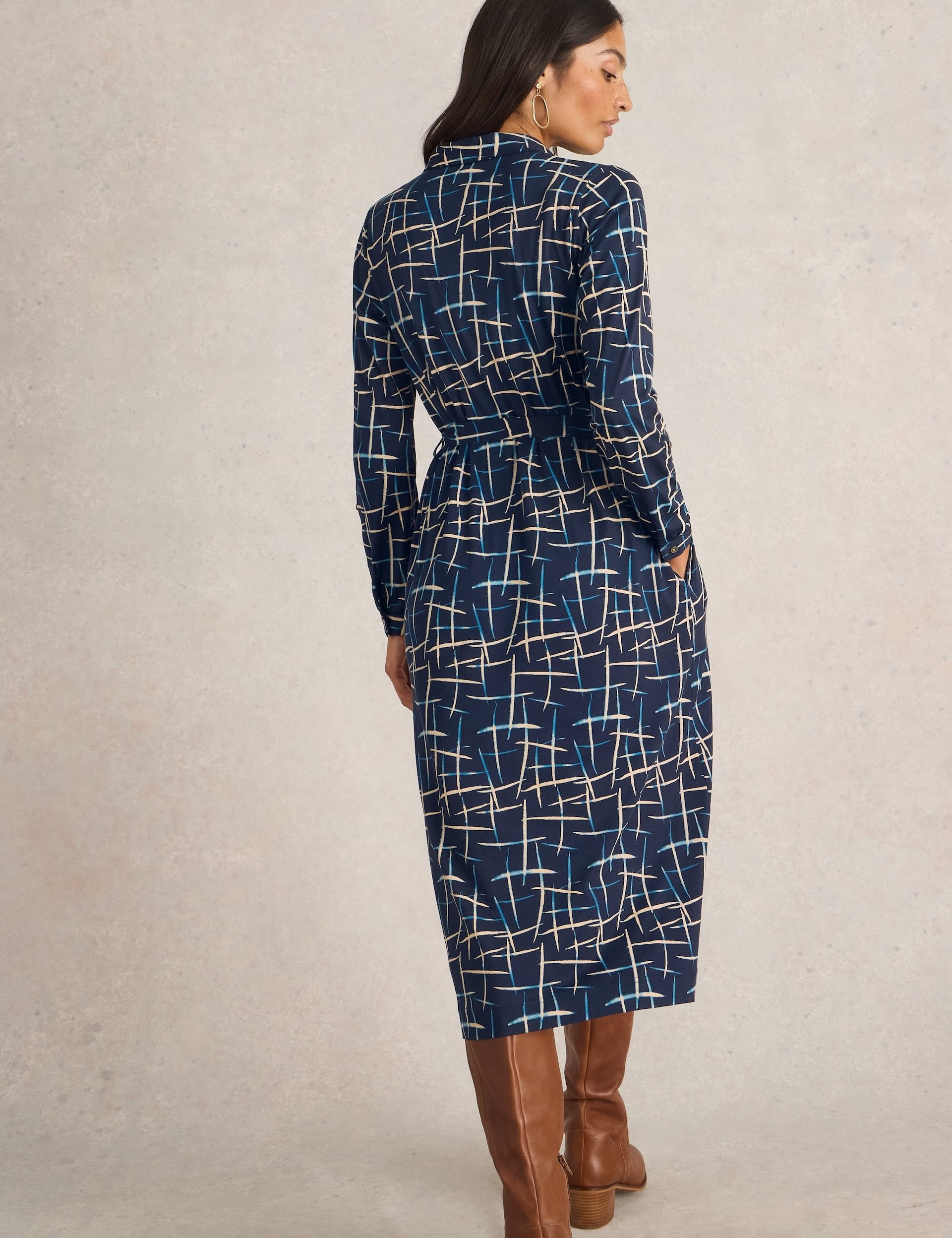 White Stuff Women's Cotton Blend Jersey Printed Midi Shirt Dress - 16REG - Navy Mix, Navy Mix