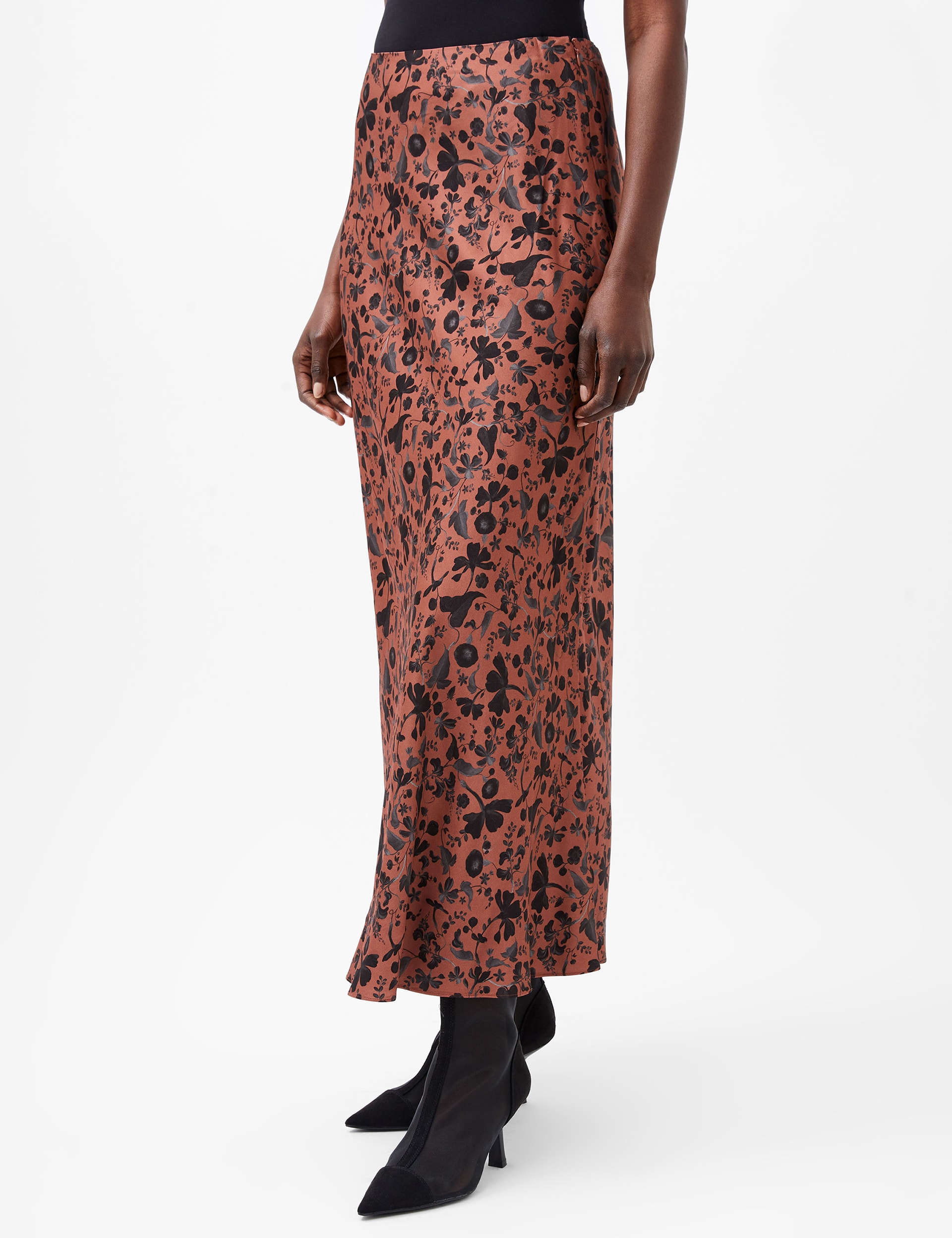 French Connection Women's Satin Floral Maxi A-Line Skirt - 6 - Brown Mix, Brown Mix