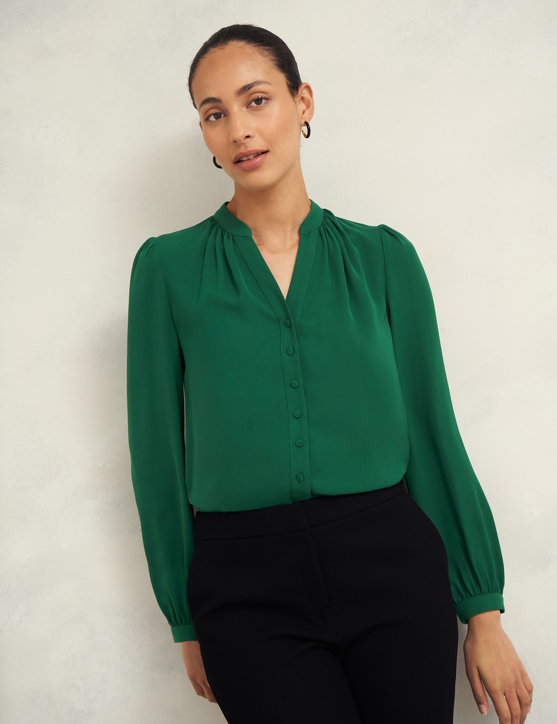 Hobbs Women's Notch Neck Blouson Sleeve Blouse - 10 - Green, Green