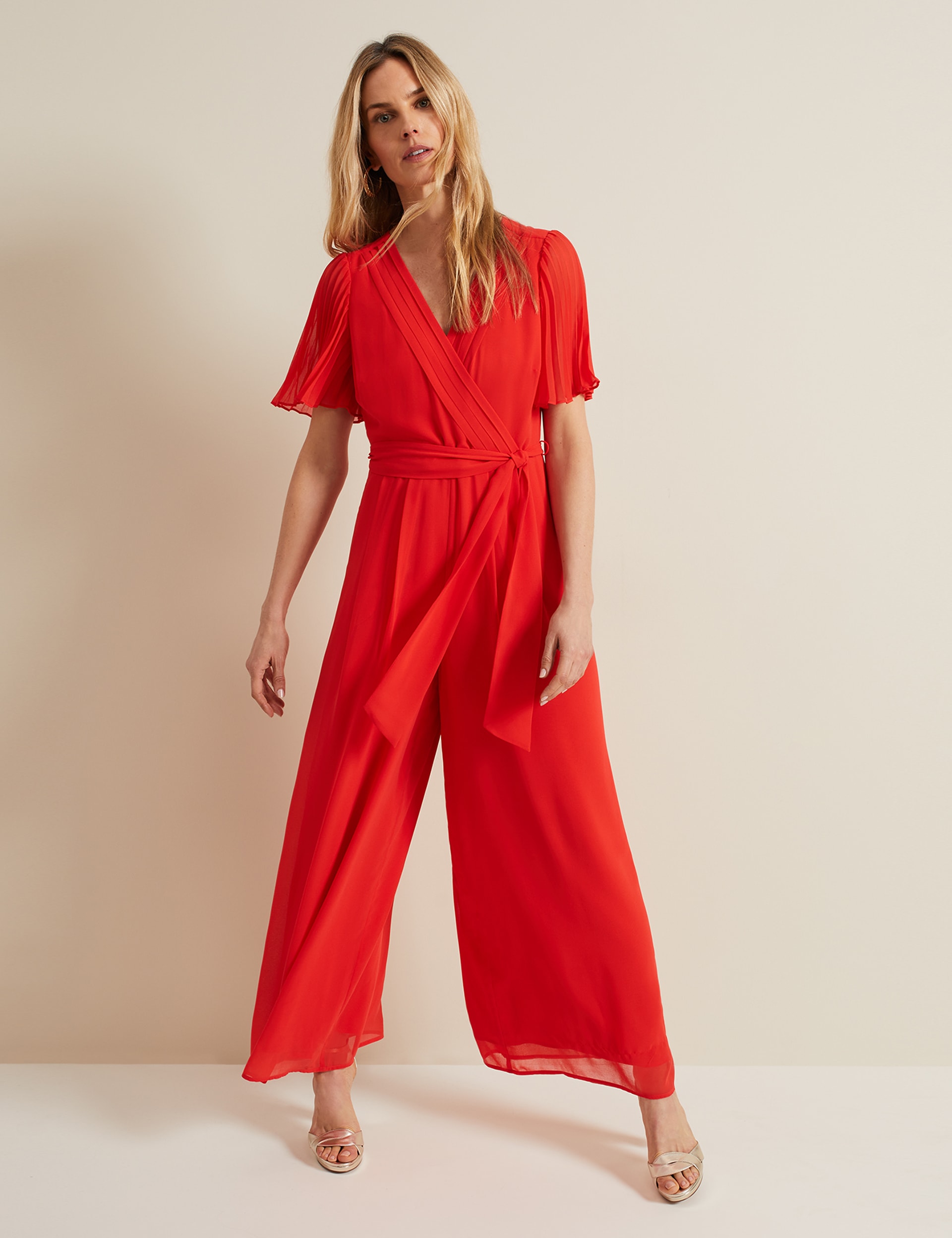 Phase Eight Women's Belted Pleated Short Sleeve Wrap Jumpsuit - 10 - Orange, Orange