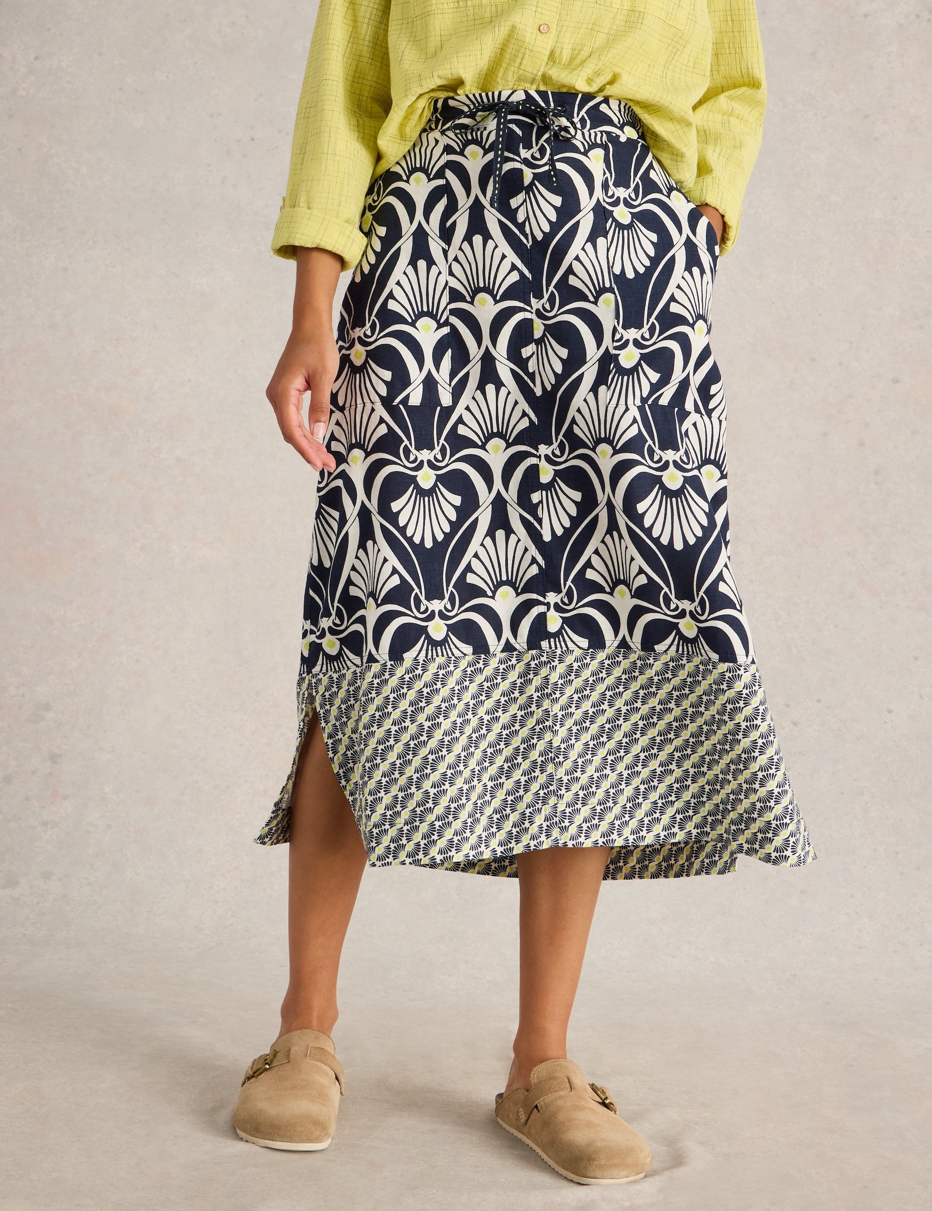 White Stuff Women's Linen Blend Printed Midi A-Line Skirt - 14REG - Navy Mix, Navy Mix