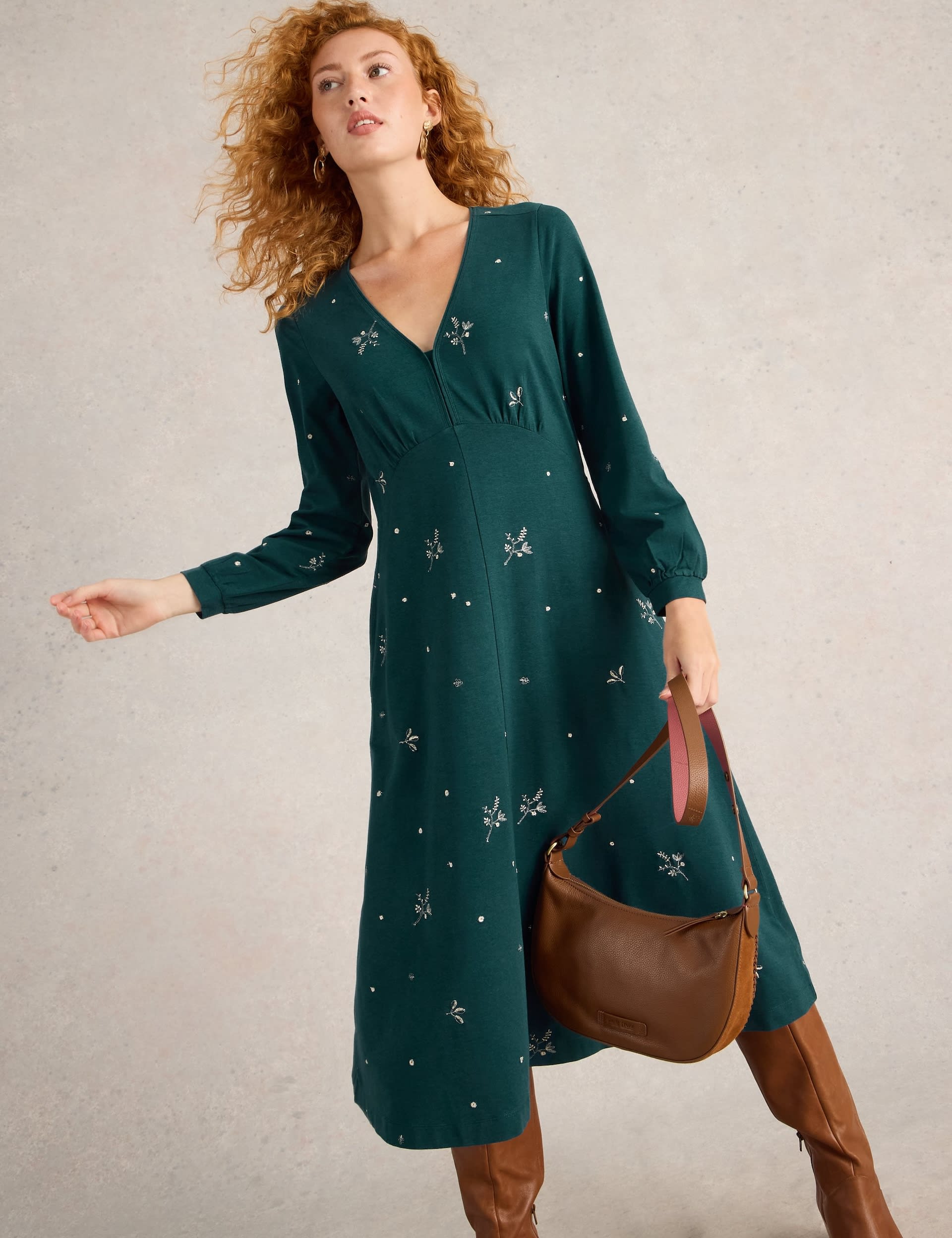 White Stuff Women's Jersey Embroidered V-Neck Midi Tea Dress - 8REG - Teal Mix, Teal Mix