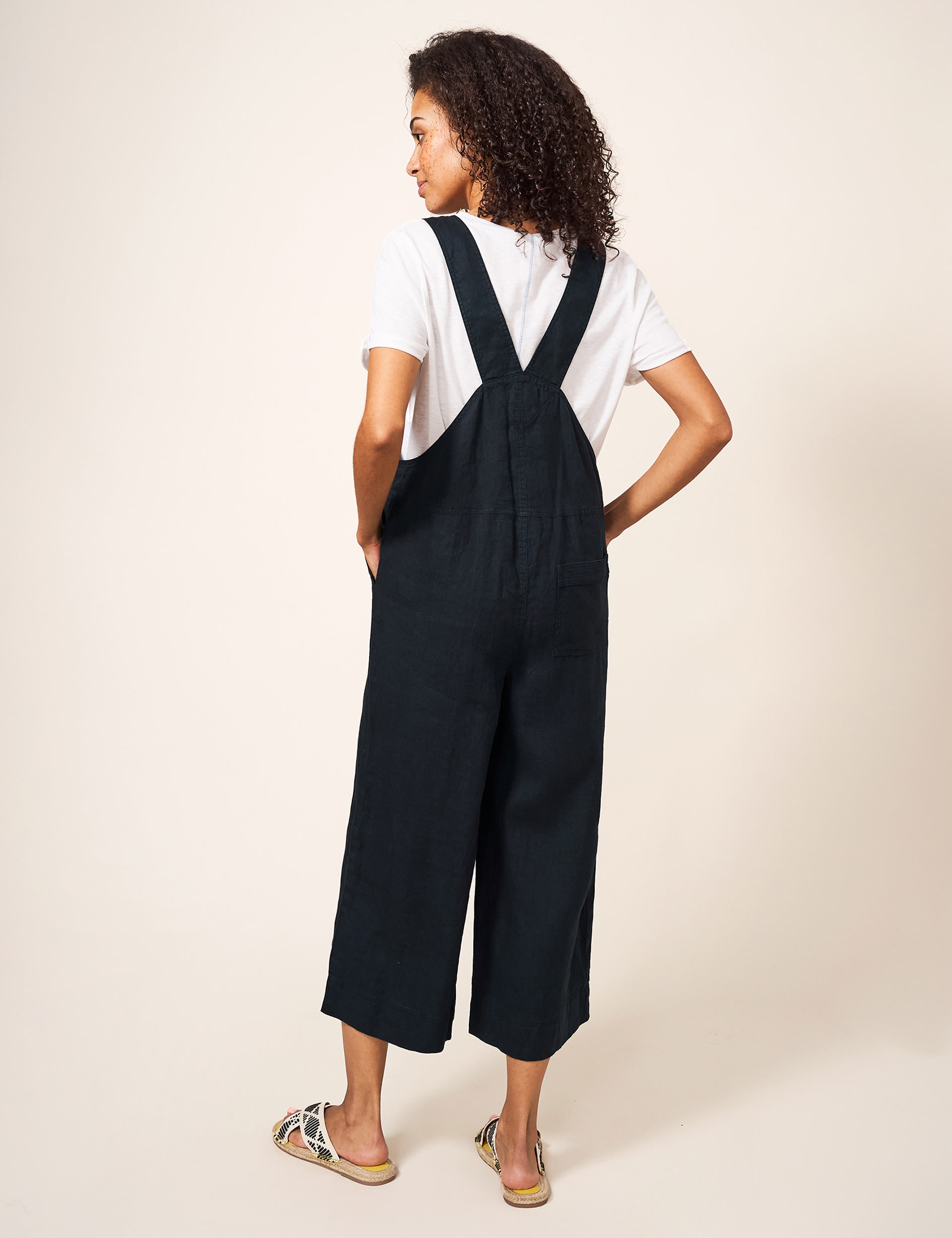 White Stuff Women's Pure Linen Cropped Wide Leg Dungarees - 10 - Black, Black