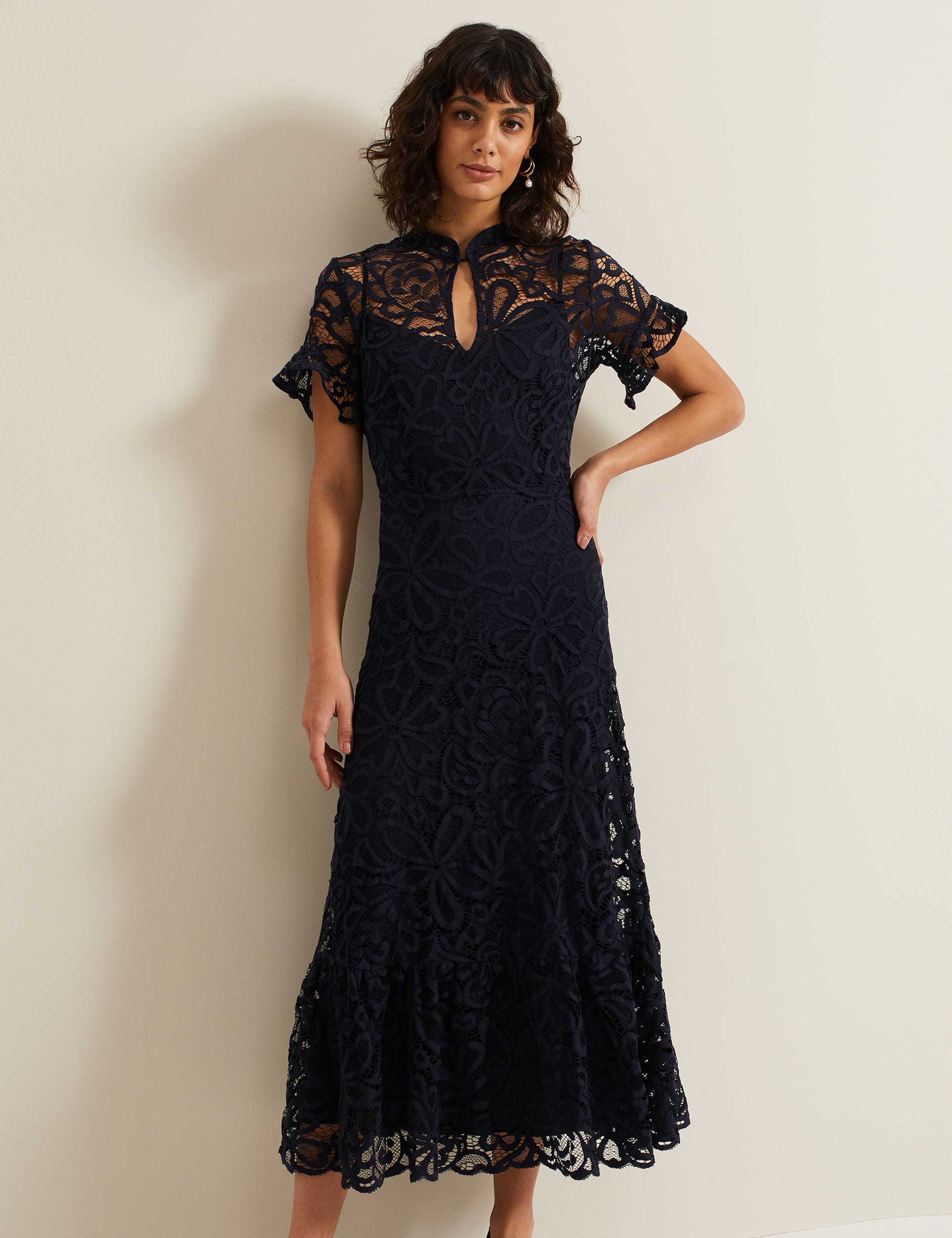 Phase Eight Women's Broderie Lace Midi Waisted Dress - 10 - Navy, Navy