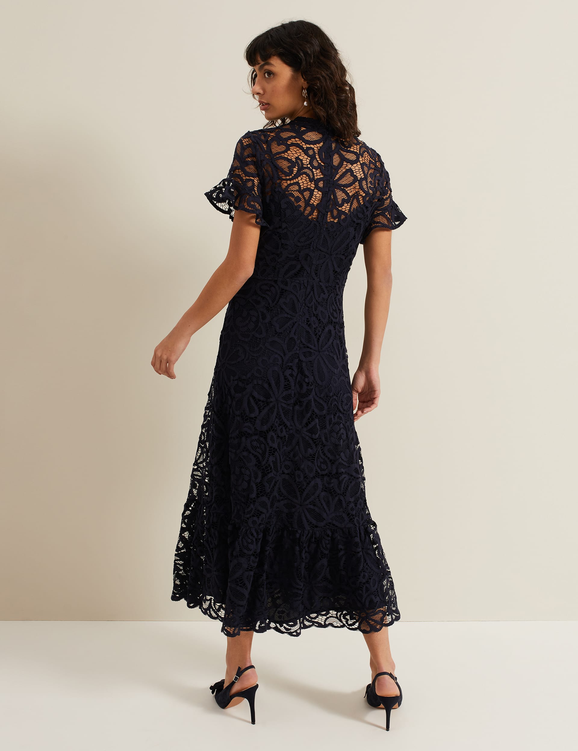 Phase Eight Women's Broderie Lace Midi Waisted Dress - 8 - Navy, Navy