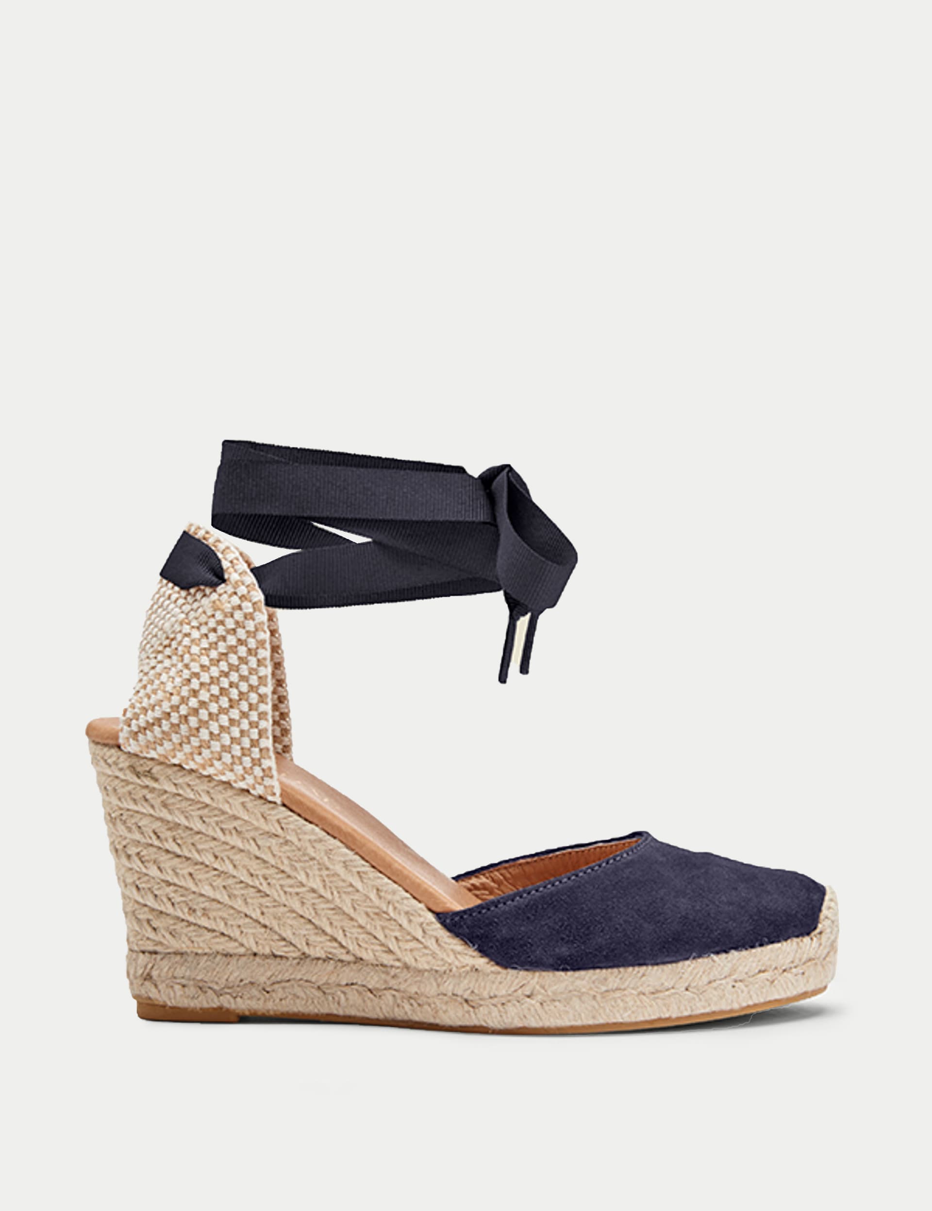 Sosandar Women's Suede Ankle Strap Wedge Espadrilles - 5 - Navy, Navy