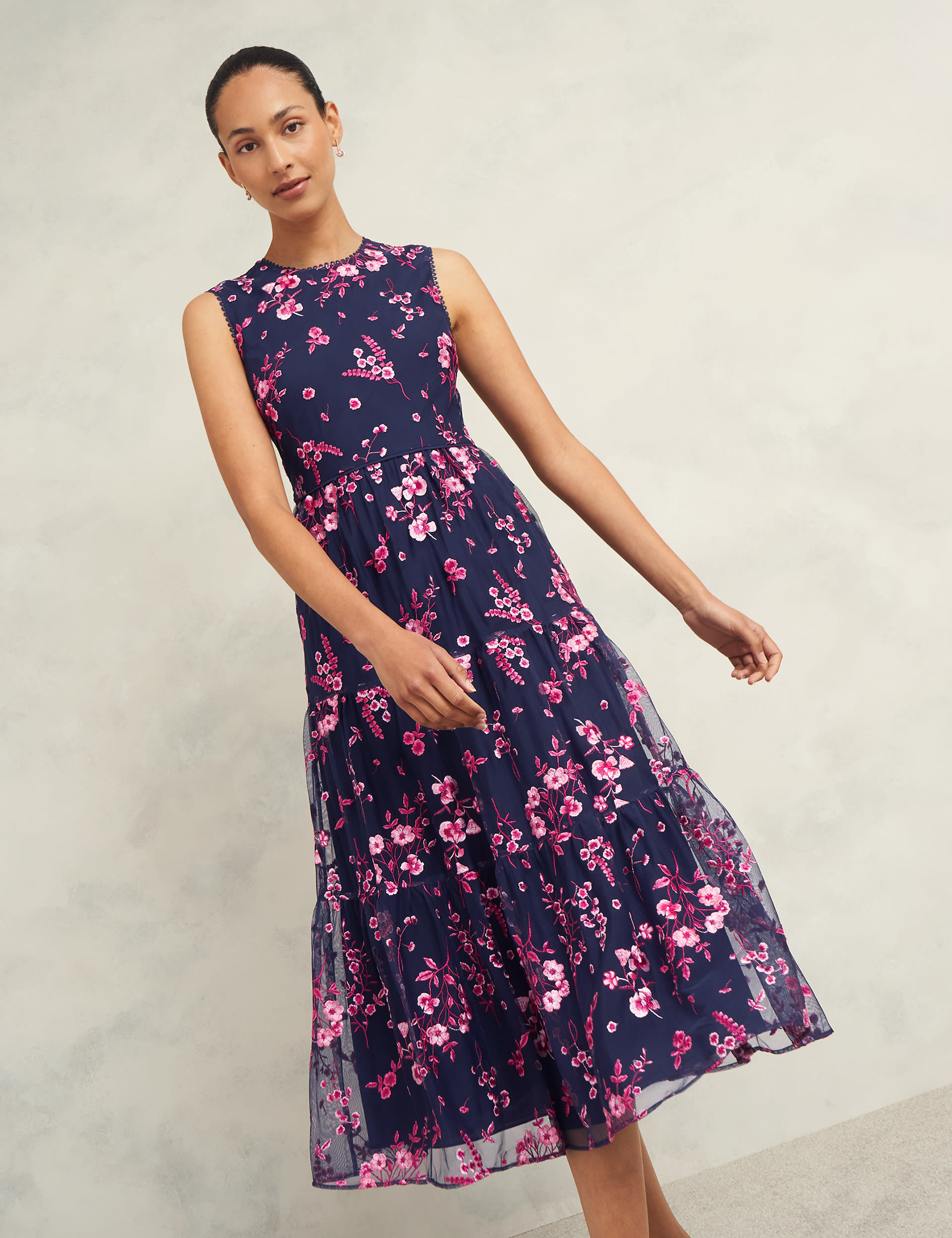 Hobbs Women's Floral Embroidered Midi Waisted Dress - 10 - Navy Mix, Navy Mix