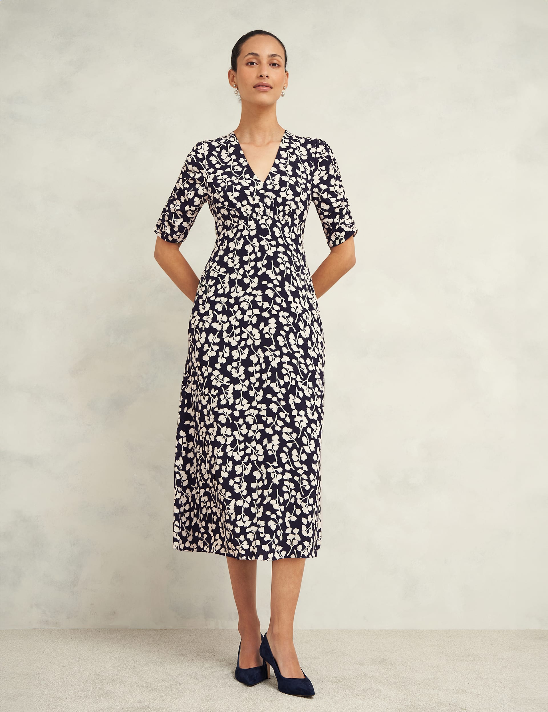 Hobbs Women's Printed V-Neck Midi Waisted Dress - 8REG - Navy Mix, Navy Mix