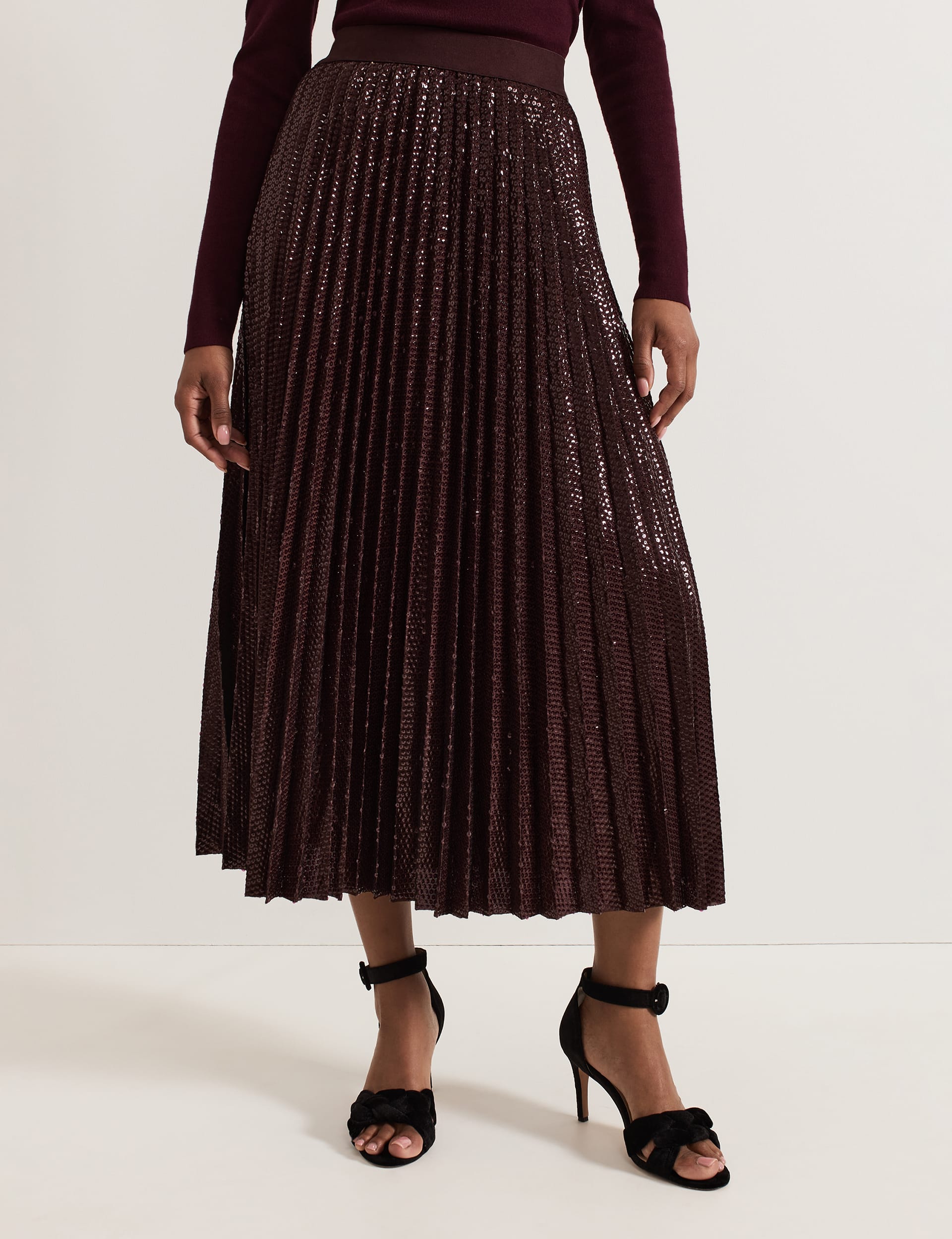 Phase Eight Women's Sequin Pleated Midi Skirt - 12 - Burgundy, Burgundy