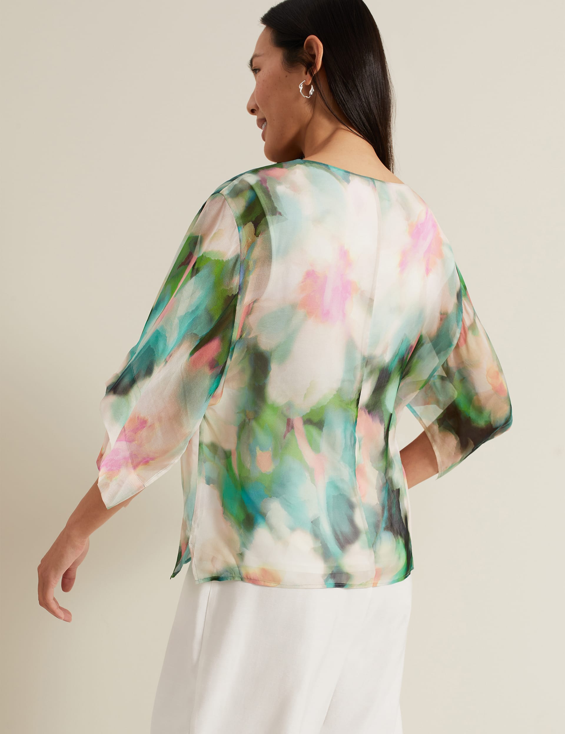 Phase Eight Women's Pure Silk Floral V-Neck Blouse - XS - Green Mix, Green Mix