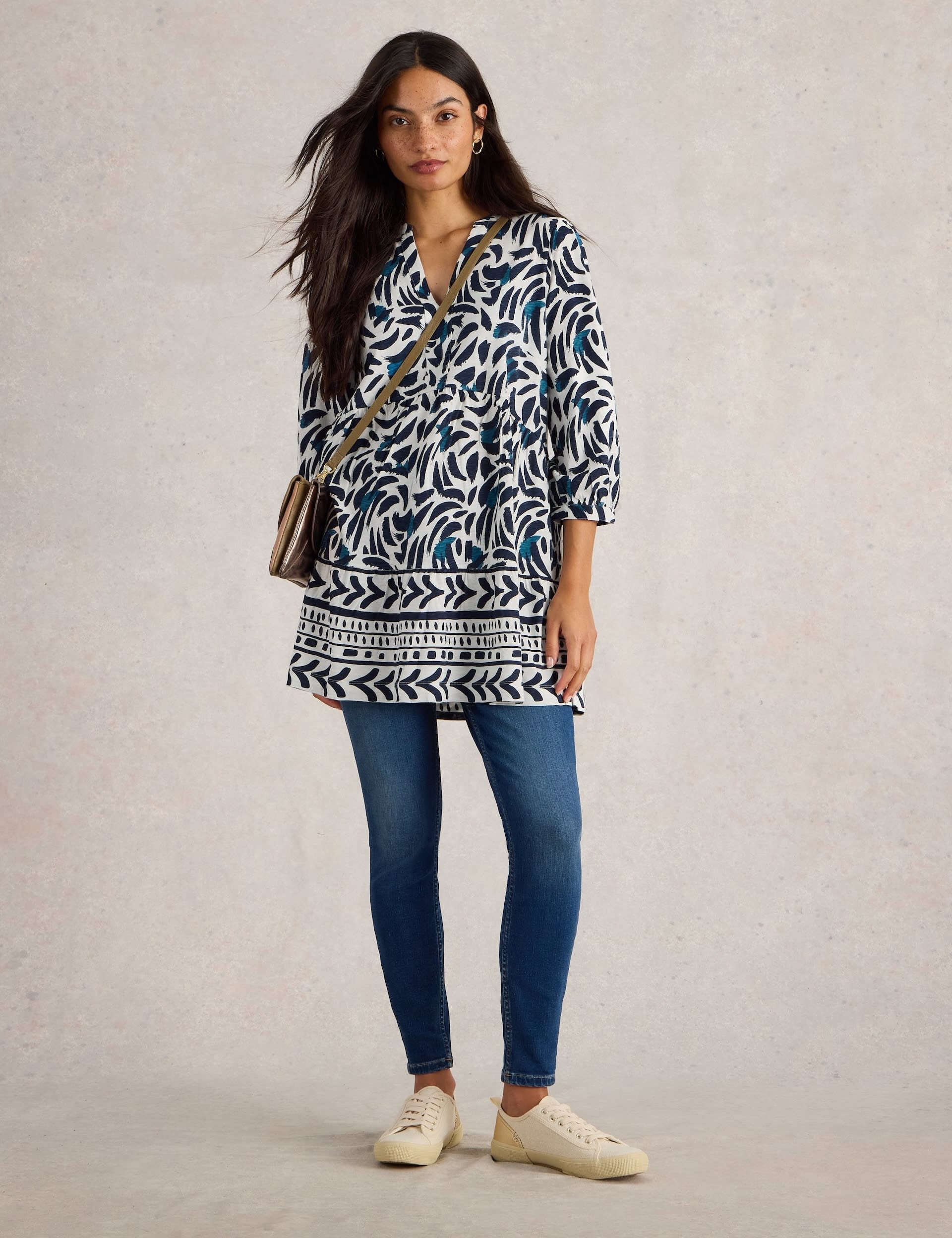 White Stuff Women's Pure Cotton Printed V-Neck Tunic - 16 - Blue Mix, Blue Mix,Navy Mix