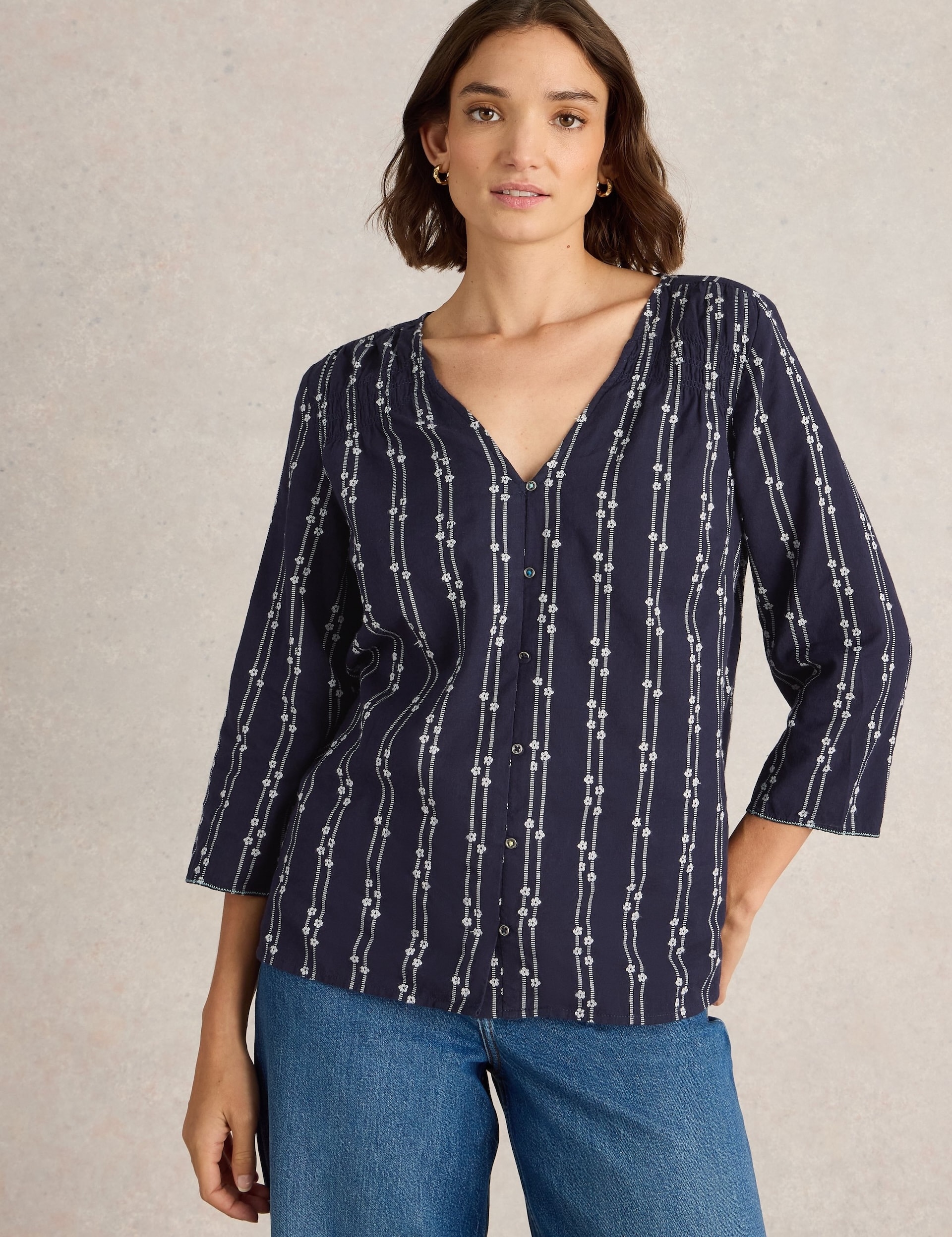 White Stuff Women's Pure Cotton Printed Top - 12 - Navy Mix, Navy Mix,Blue Mix