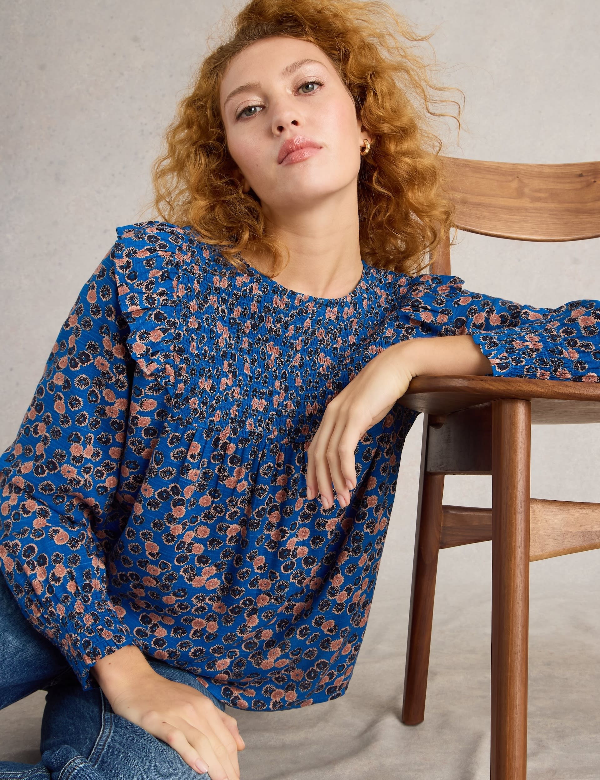 White Stuff Women's Printed Crew Neck Blouse - 14 - Blue Mix, Blue Mix