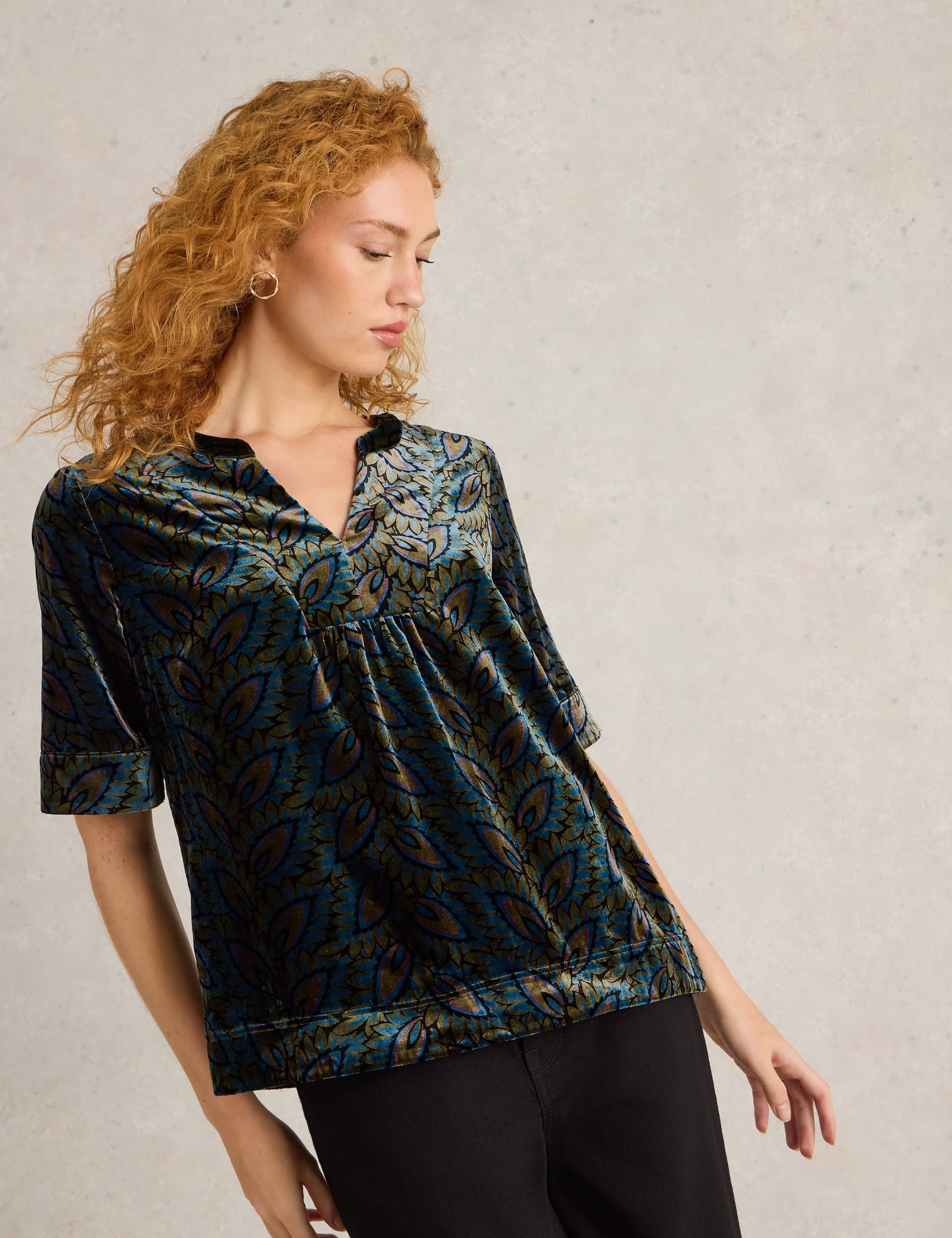 White Stuff Women's Velvet Printed Notch Neck Blouse - 8 - Teal Mix, Teal Mix