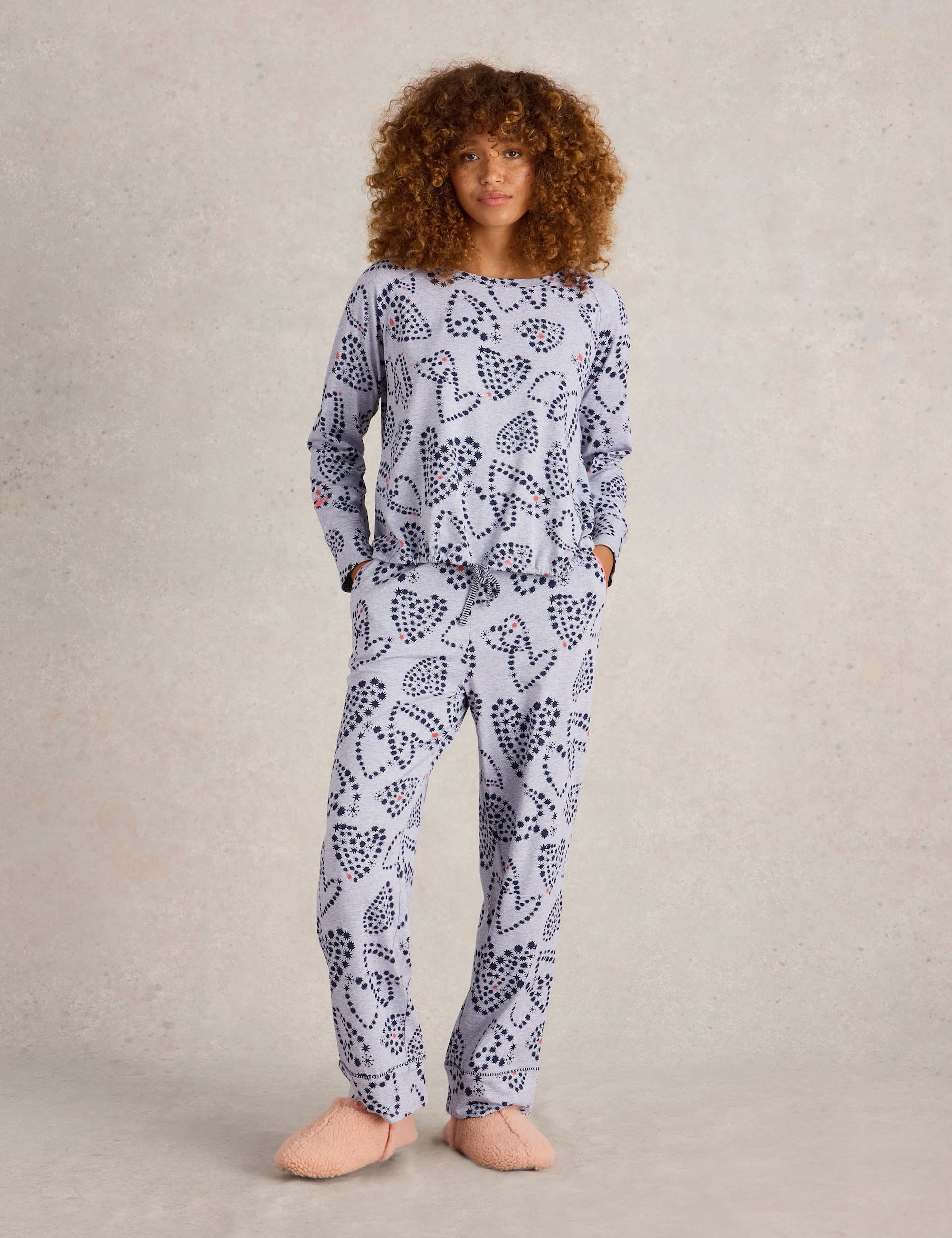 White Stuff Women's Fern Cotton Modal Heart Print Pyjama Top - Grey Mix, Grey Mix