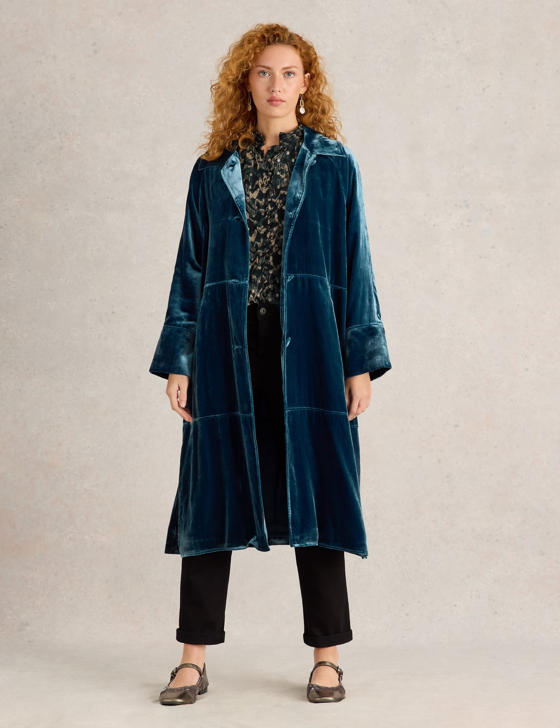 White Stuff Women's Velvet Relaxed Collared Longline Duster Coat - Teal, Teal