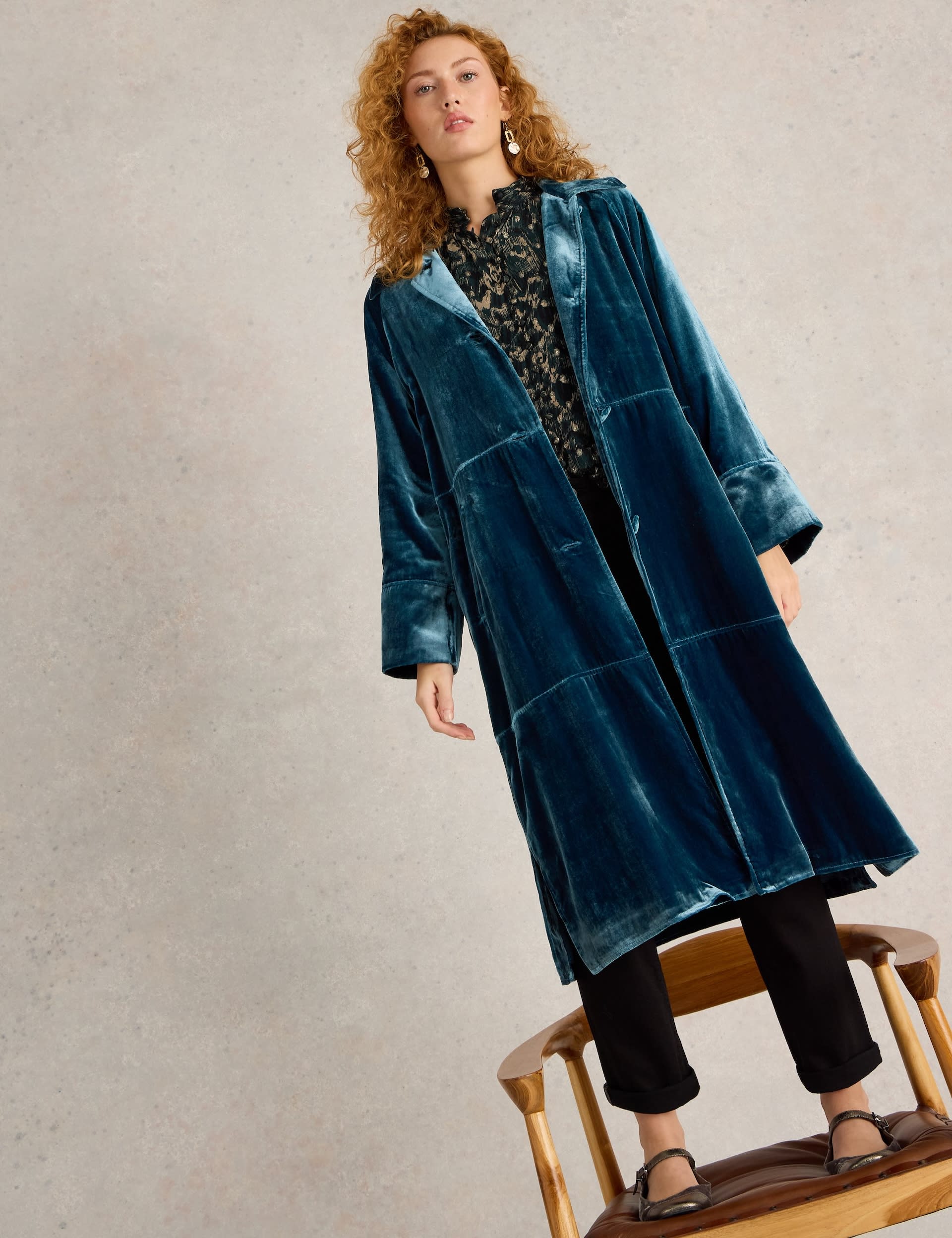 White Stuff Women's Velvet Relaxed Collared Longline Duster Coat - XL - Teal, Teal