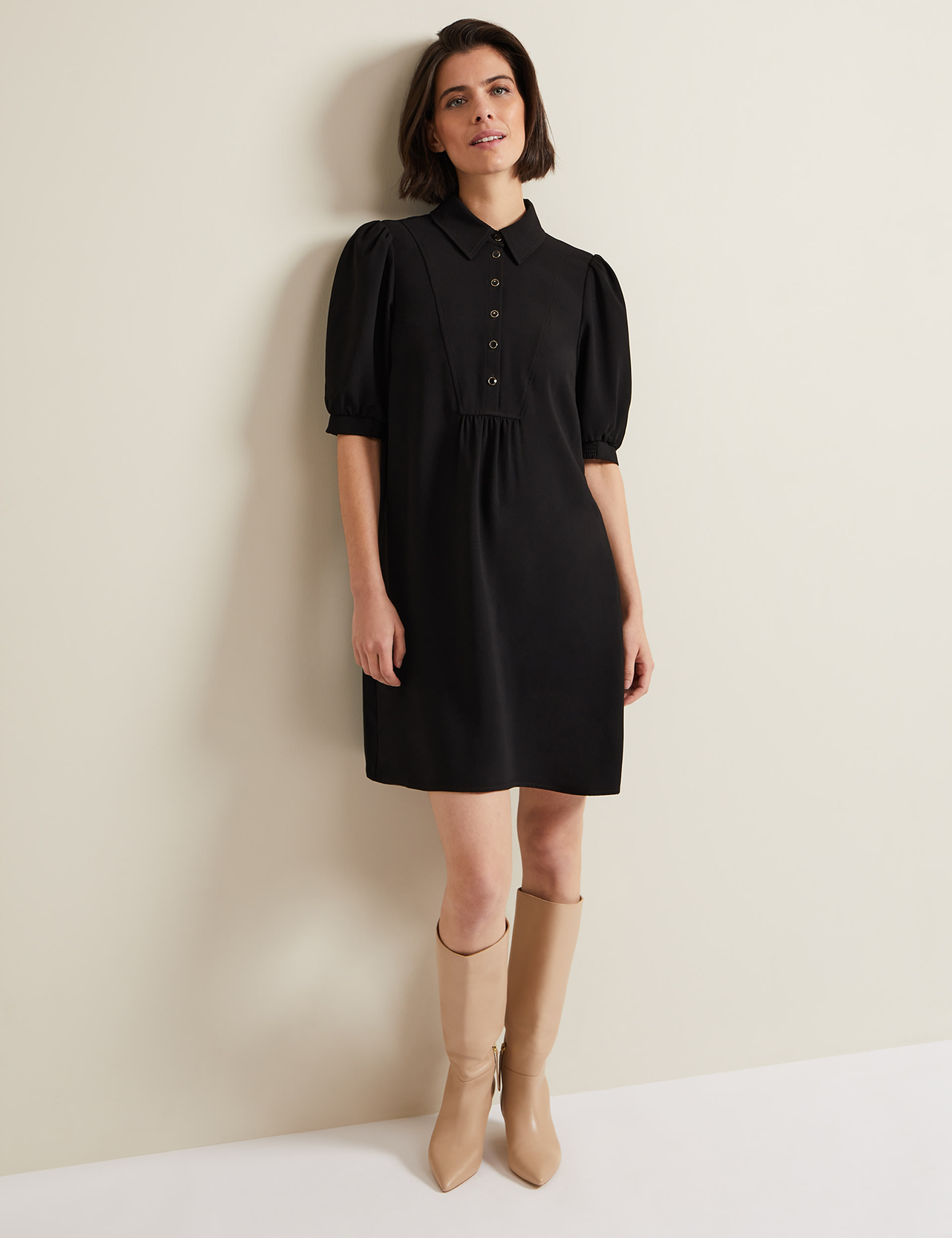 Phase Eight Women's Collared Button Detail Mini Swing Dress - 16 - Black, Black