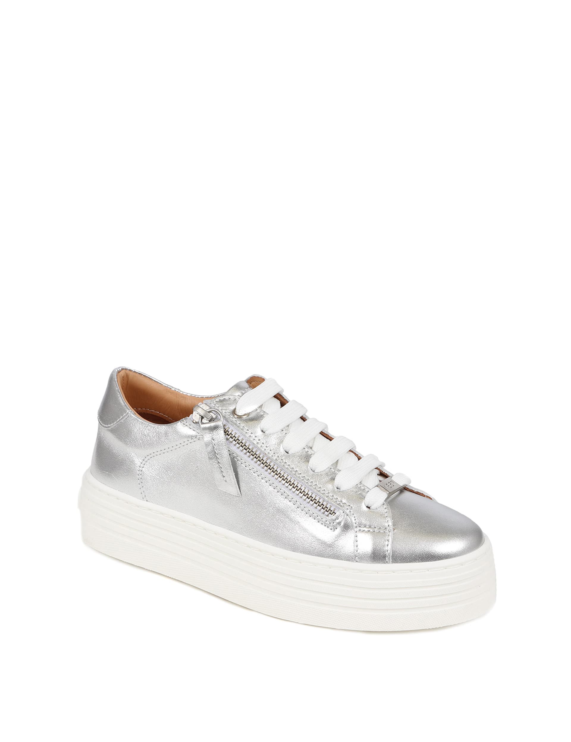 Jones Bootmaker Women's Leather Lace Up Flatform Trainers - 5 - Silver, Navy,Silver,White