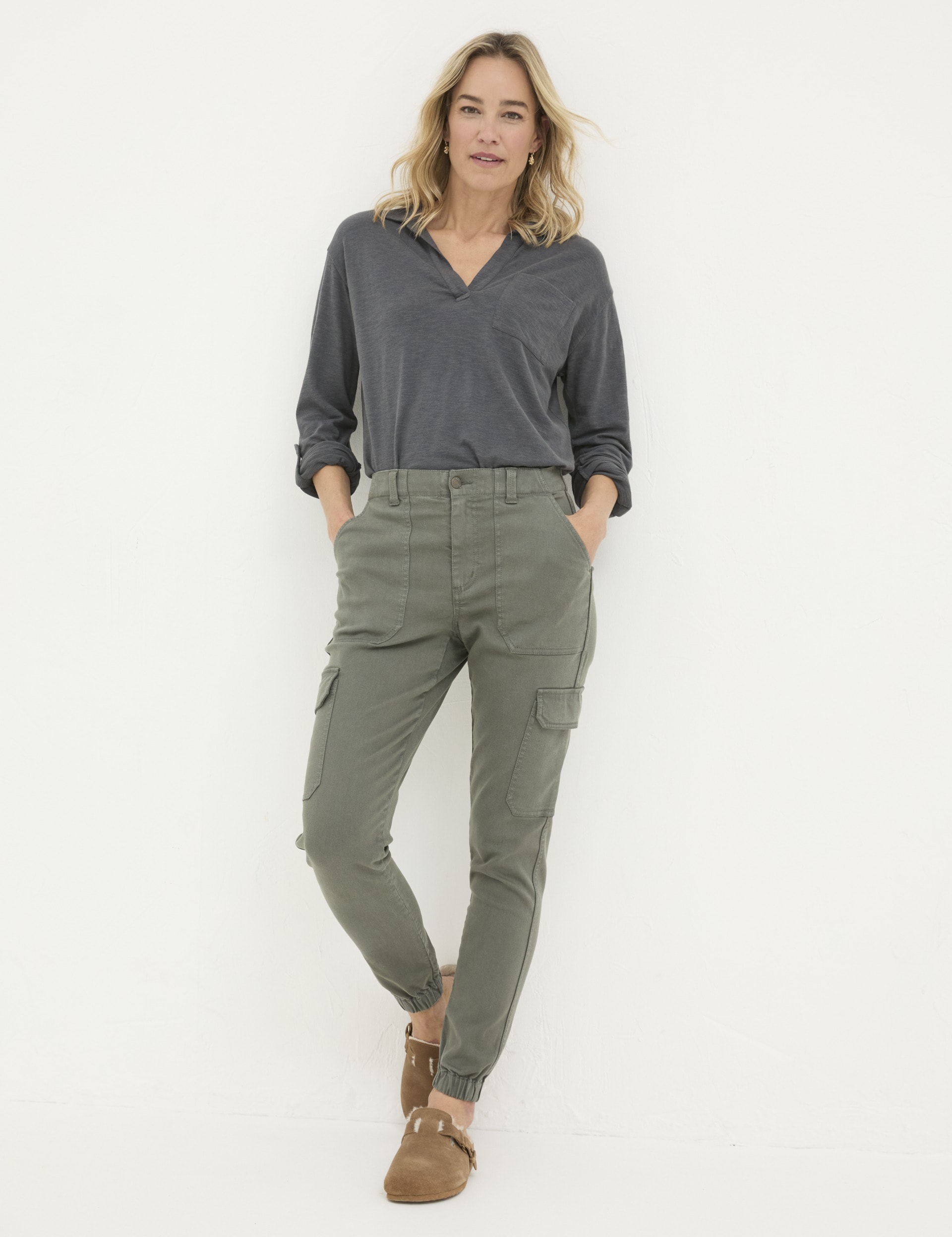 Fatface Women's Cotton Rich Cargo Tapered Trousers - 6REG - Khaki, Khaki,Black