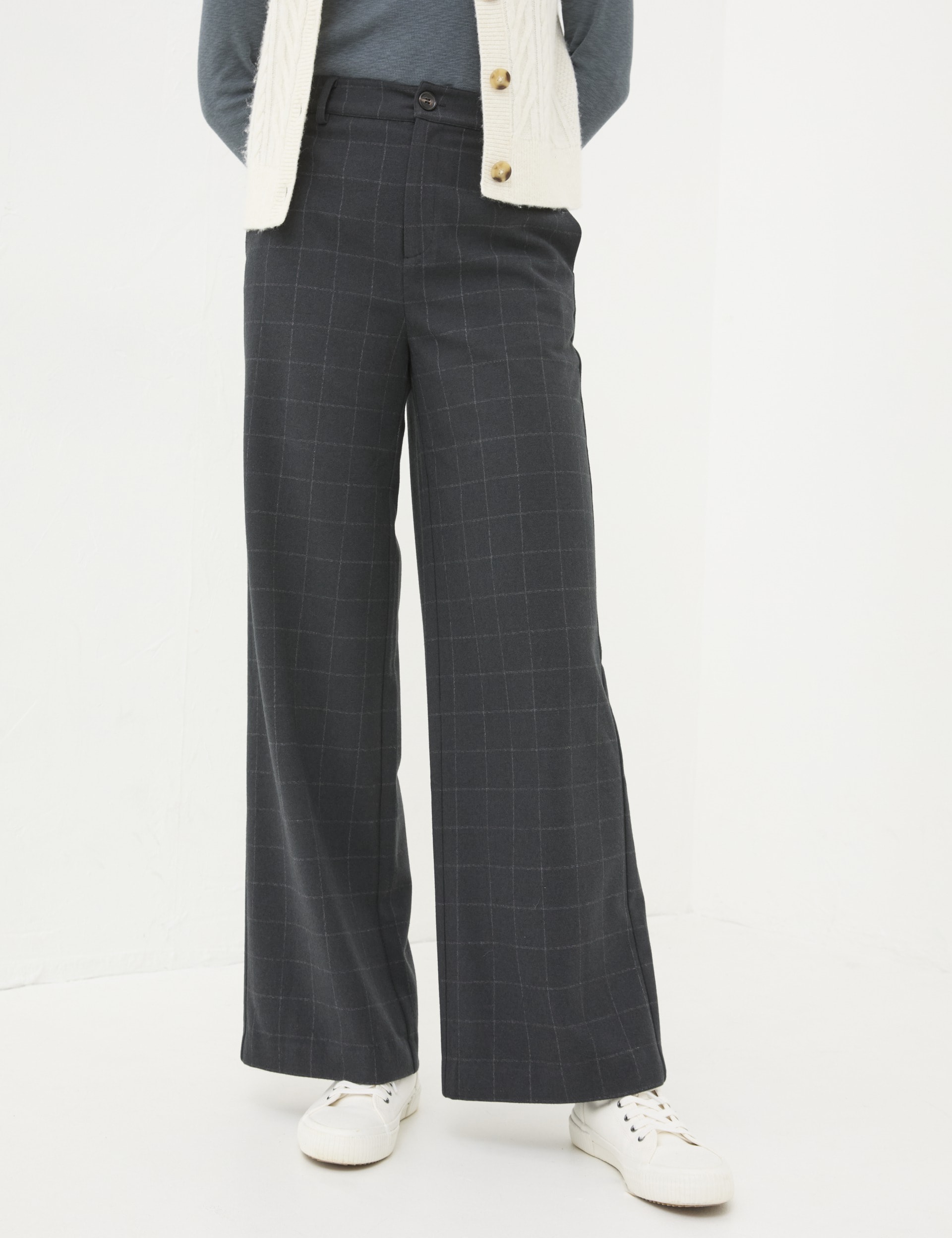 Fatface Women's Checked Wide Leg Trousers - 22REG - Grey Mix, Grey Mix