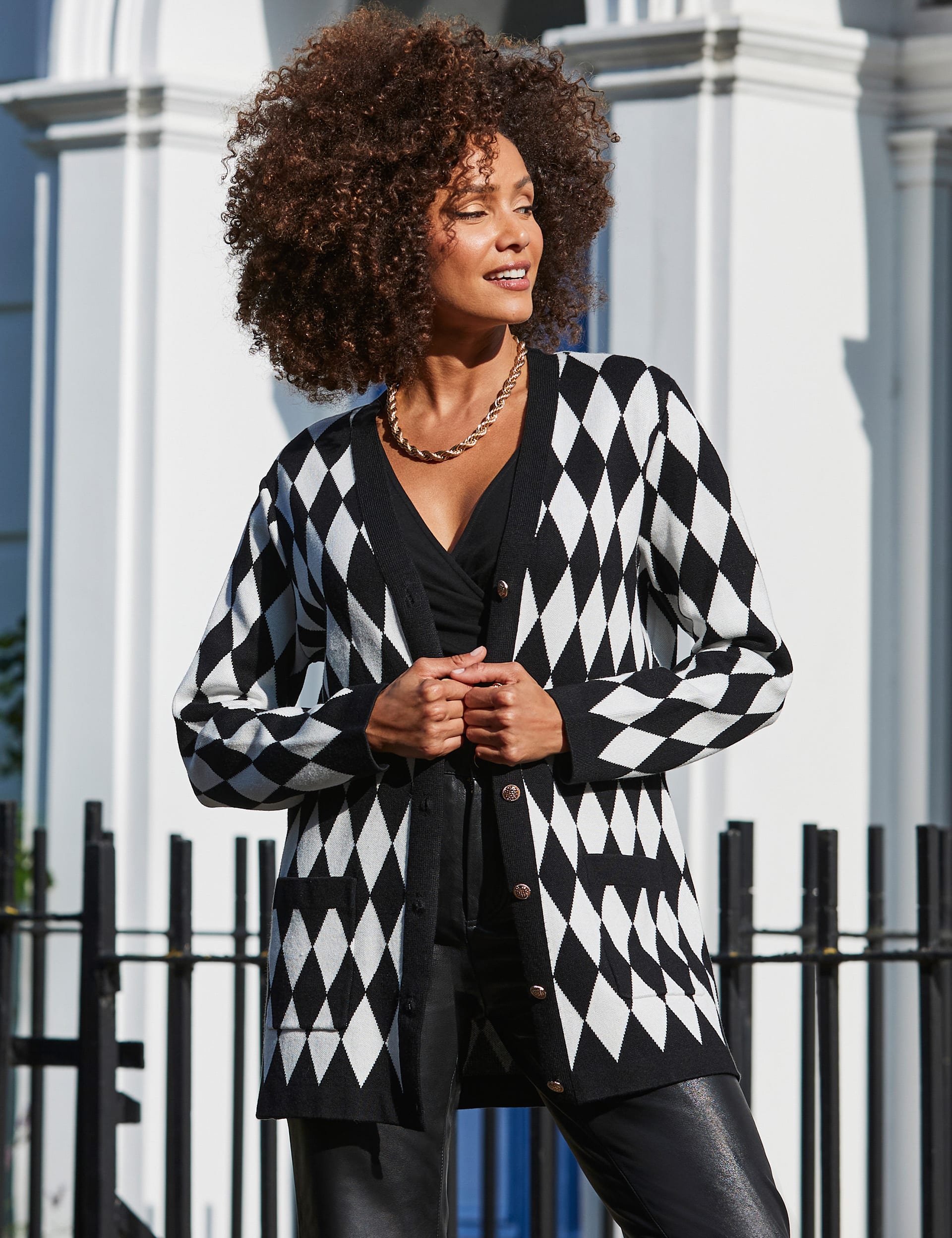 Sosandar Women's Argyle Longline Cardigan - S - Black Mix, Black Mix