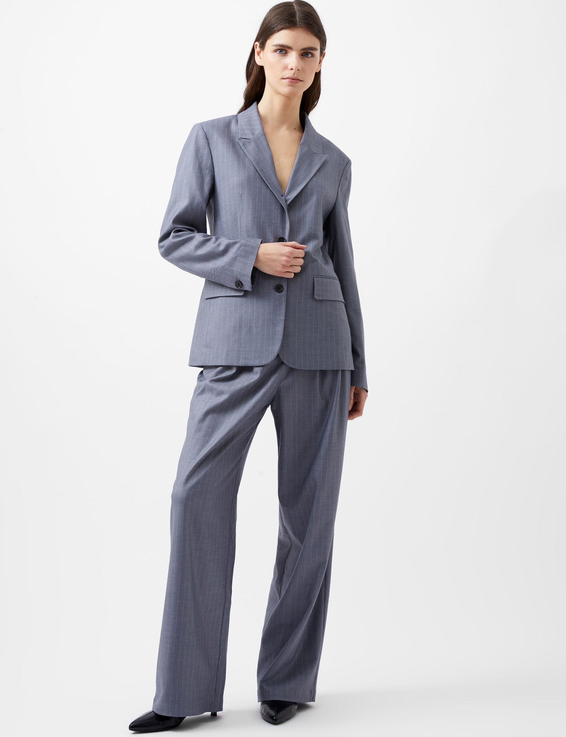 French Connection Women's Pinstripe Single Breasted Blazer - M - Grey, Grey