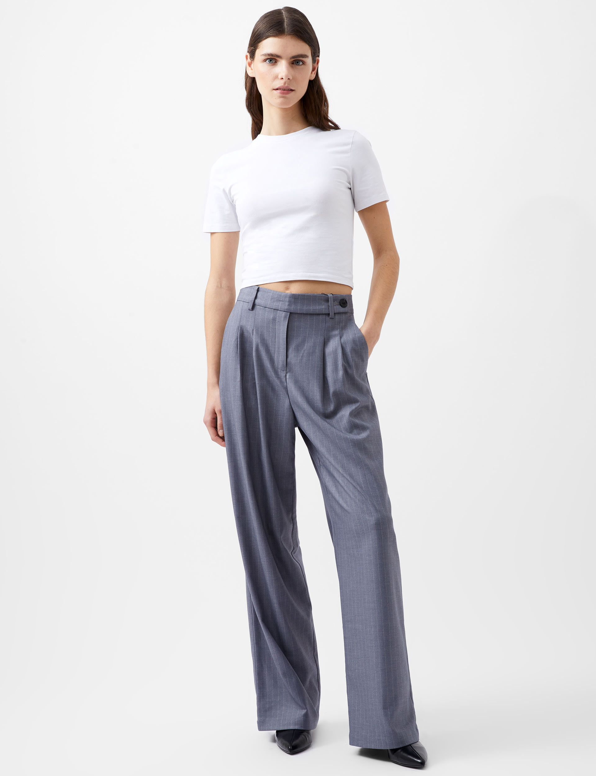 French Connection Women's Pinstripe Wide Leg Trousers - 18 - Grey, Grey