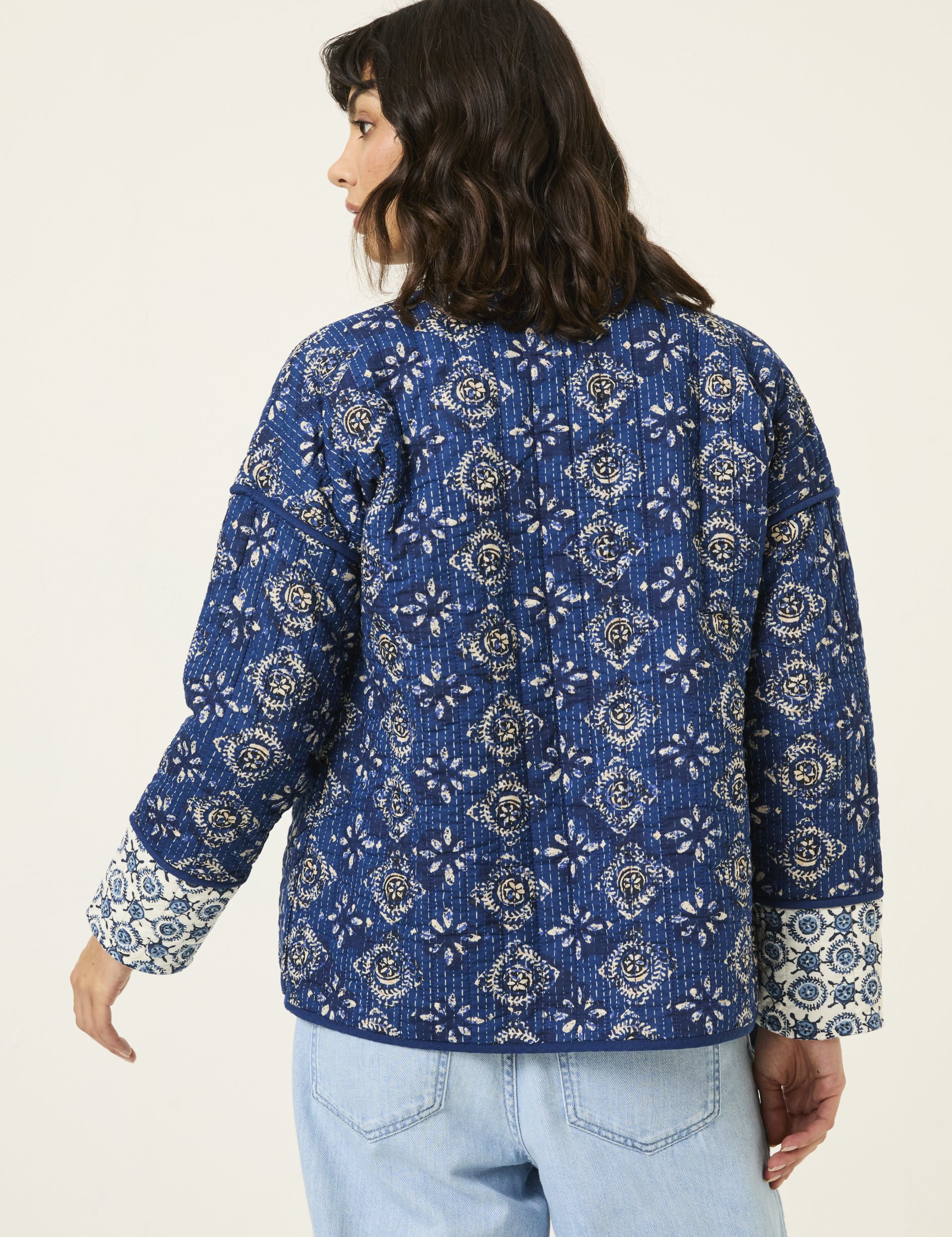 Fatface Women's Pure Cotton Floral Quilted Jacket - 14 - Blue Mix, Blue Mix