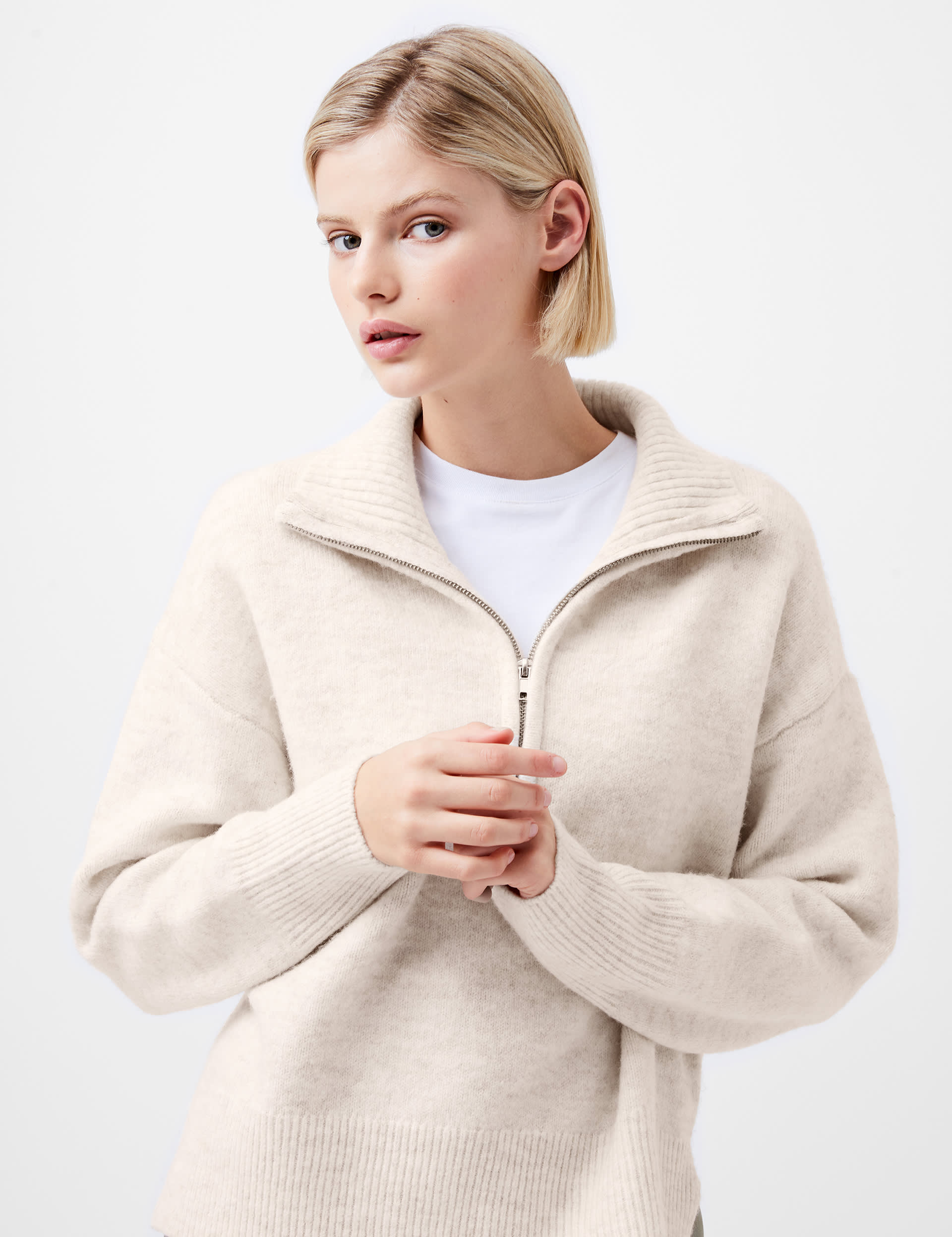 French Connection Women's Textured Funnel Neck Half Zip Jumper - XL - Cream, Cream