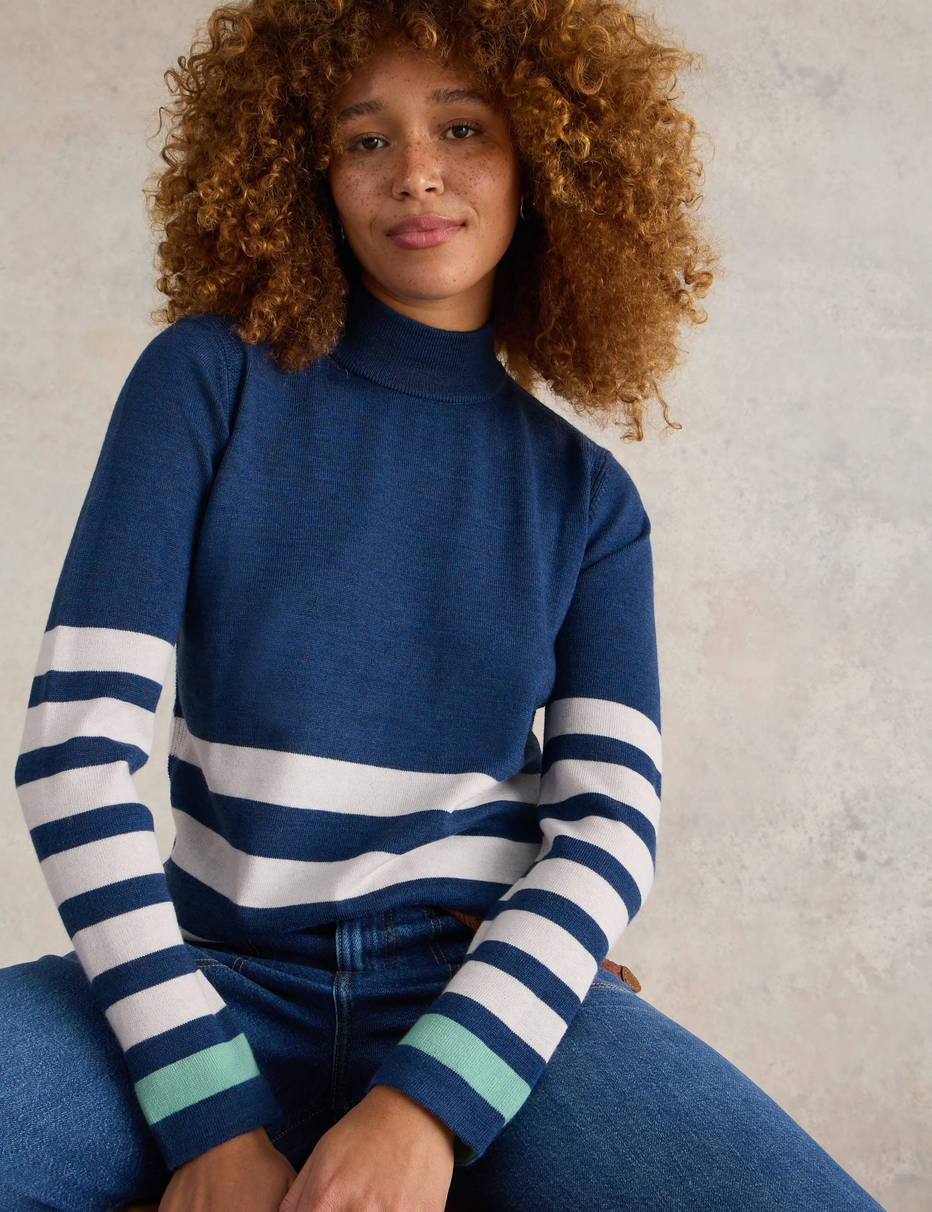 White Stuff Women's Pure Merino Wool Striped Roll Neck Jumper - 10 - Blue Mix, Blue Mix