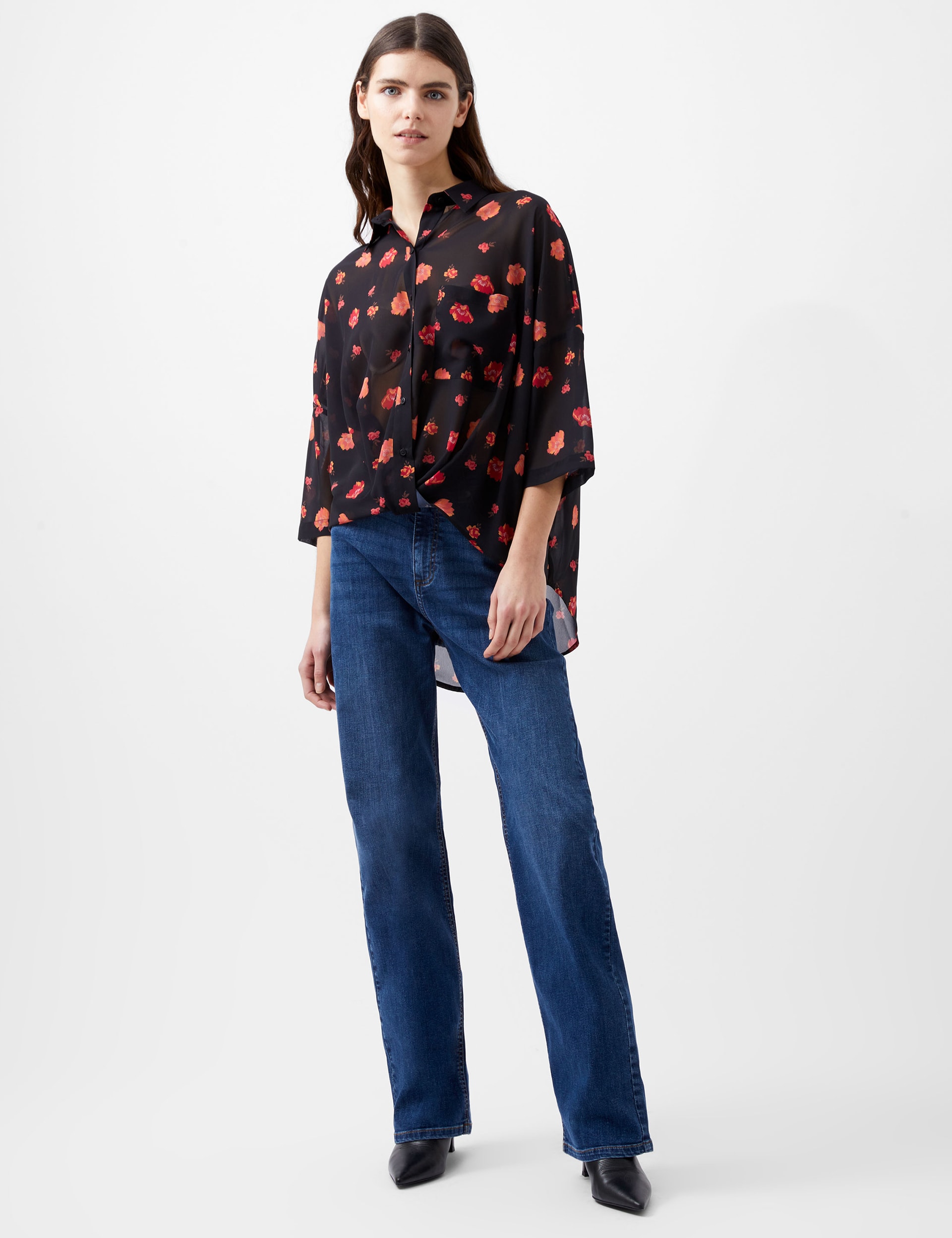 French Connection Women's Floral Collared Top - S - Navy Mix, Navy Mix