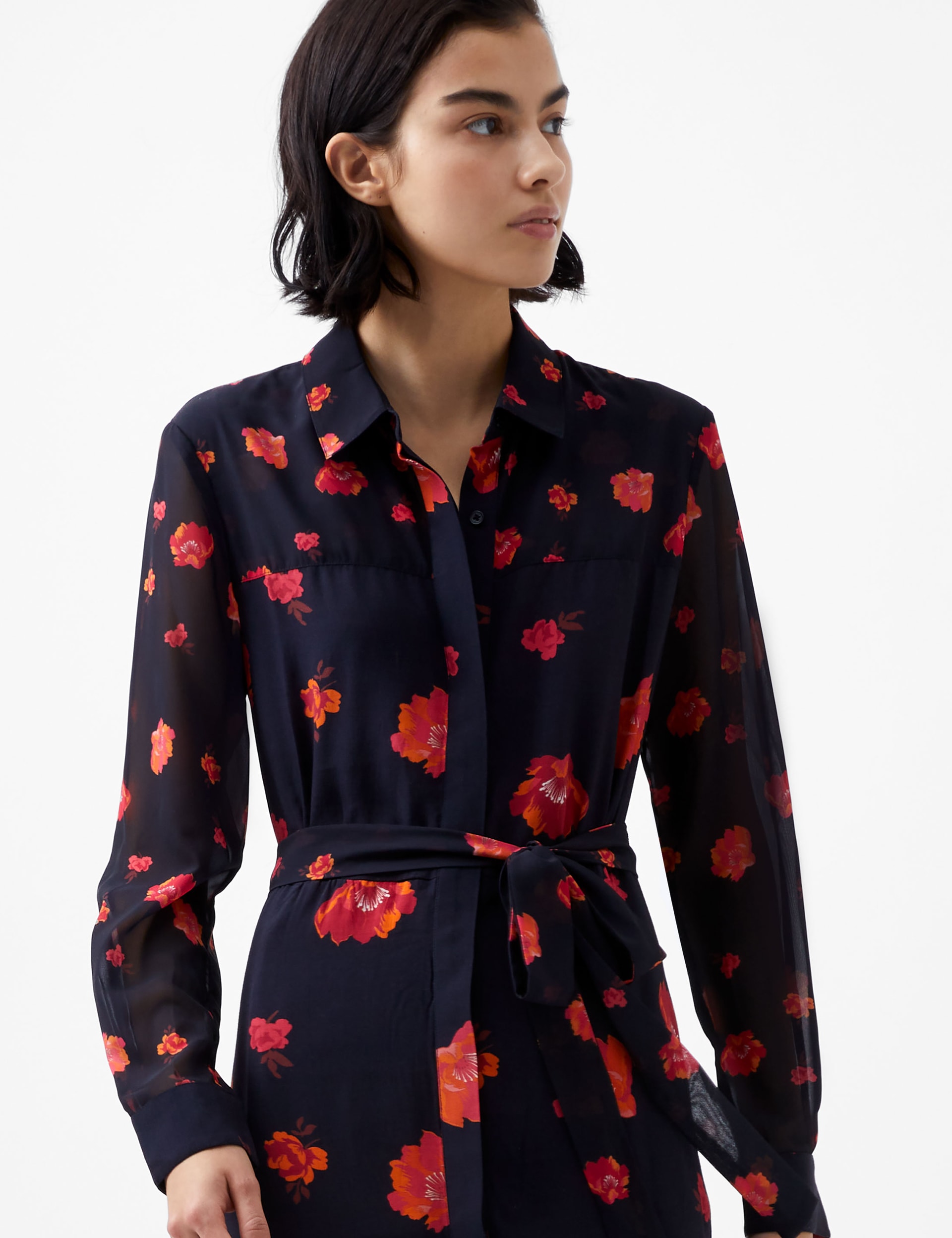 French Connection Women's Floral Belted Midi Shirt Dress - 8 - Navy Mix, Navy Mix