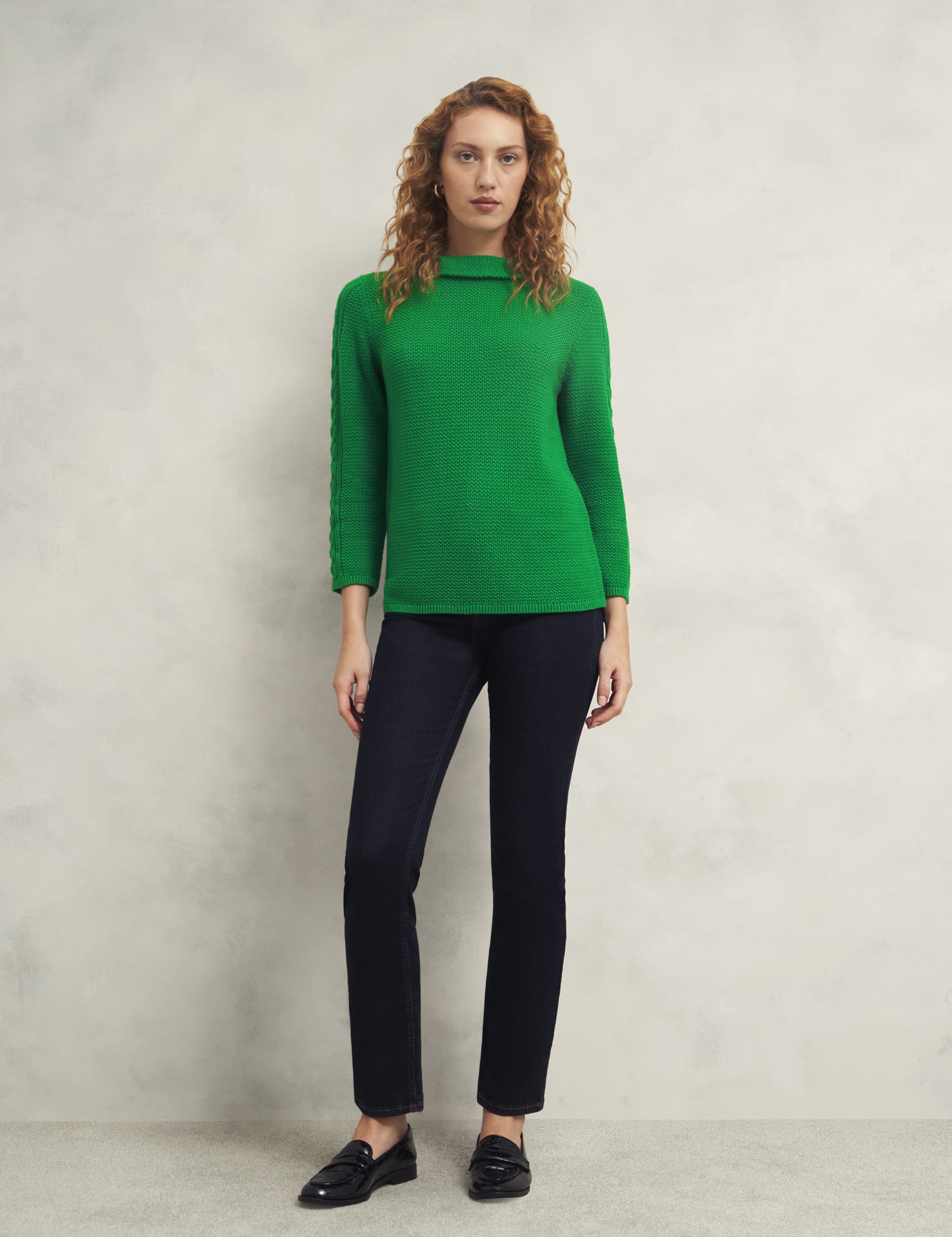 Hobbs Women's Pure Cotton Textured Roll Neck Jumper - Green, Green