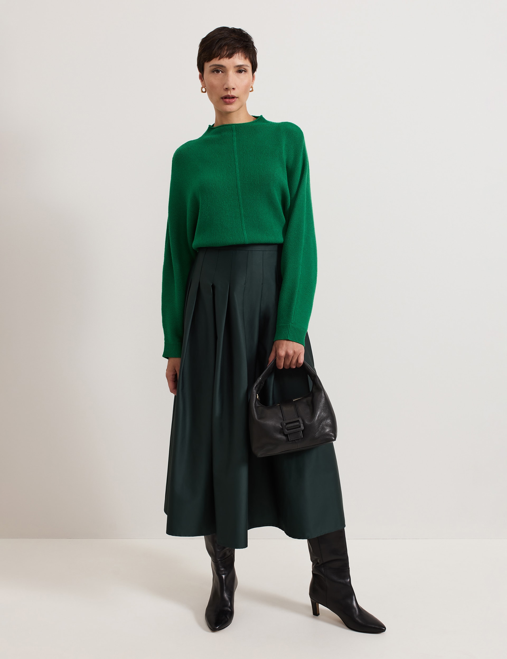 Phase Eight Women's Cotton Rich Pleated Midi Skirt - 12 - Dark Green, Dark Green