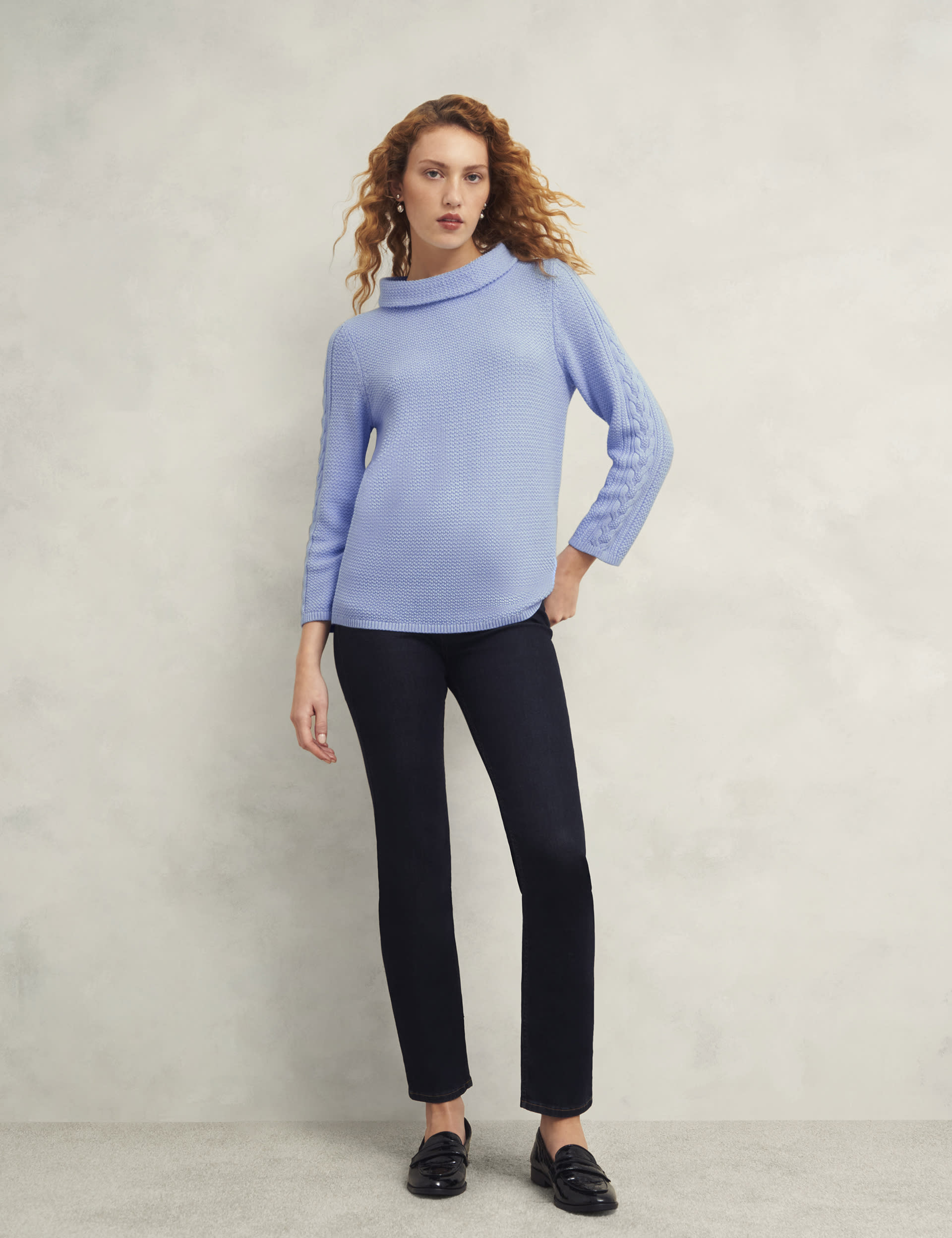 Hobbs Women's Pure Cotton Textured Roll Neck Jumper - Blue, Blue