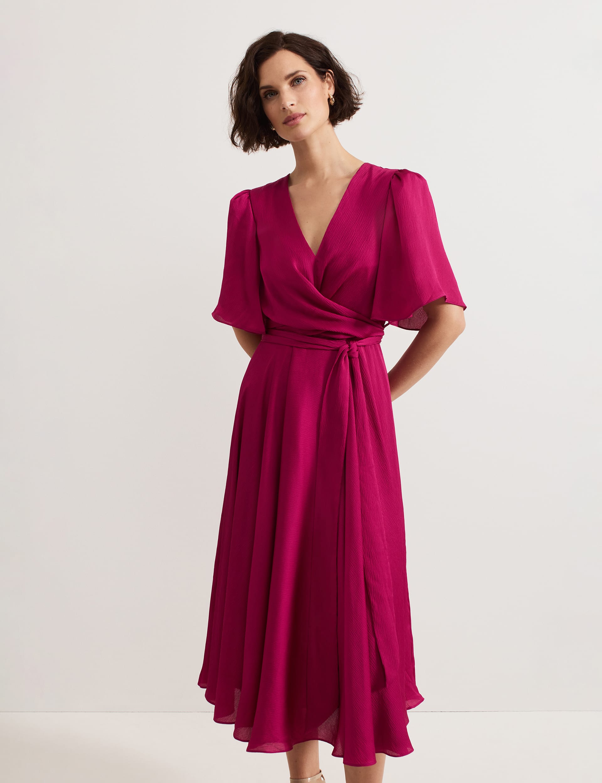 Phase Eight Women's Textured V-Neck Tie Front Midi Wrap Dress - 14 - Pink, Pink