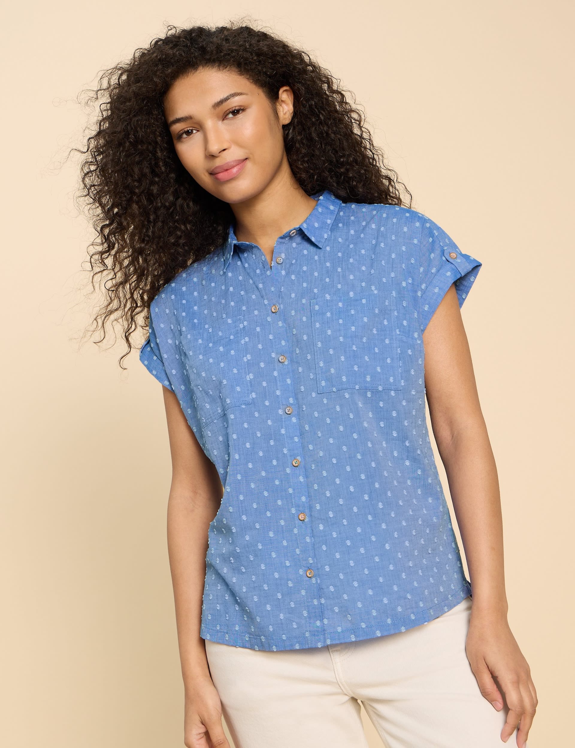 White Stuff Women's Pure Cotton Polka Dot Collared Cap Sleeve Shirt - 12 - Blue Mix, Blue Mix